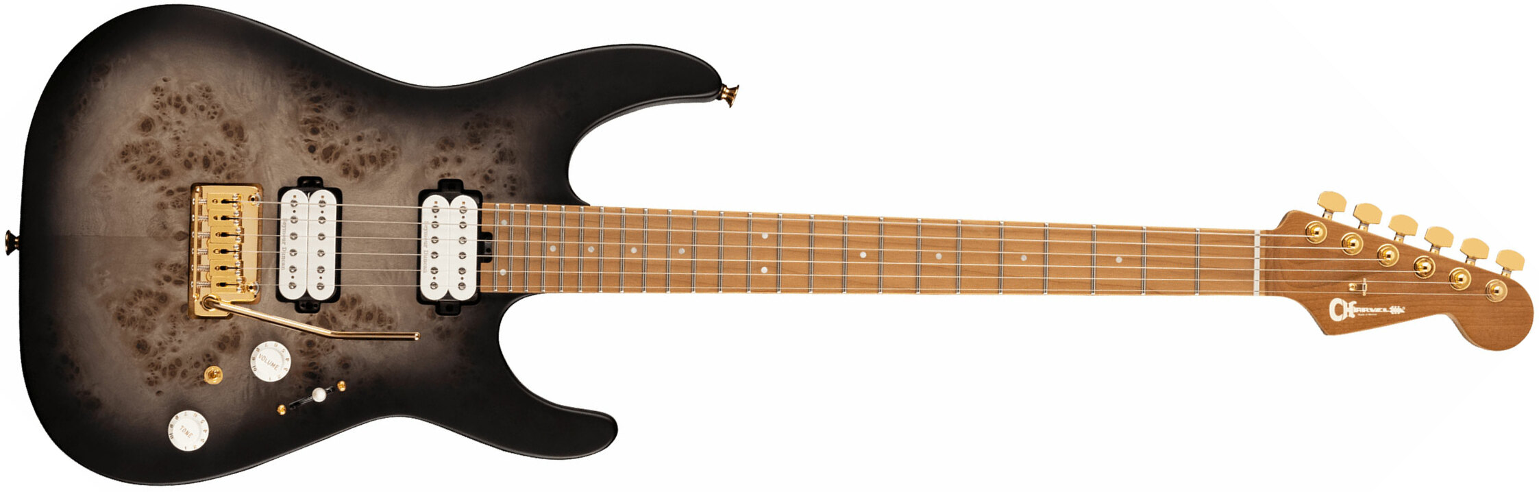 Charvel Dinky Dk24 Hh 2pt Cm Poplar Burl Pro-mod 2h Seymour Duncan Trem Mn - Transparent Black Burst - Elektrische gitaar in Str-vorm - Main picture