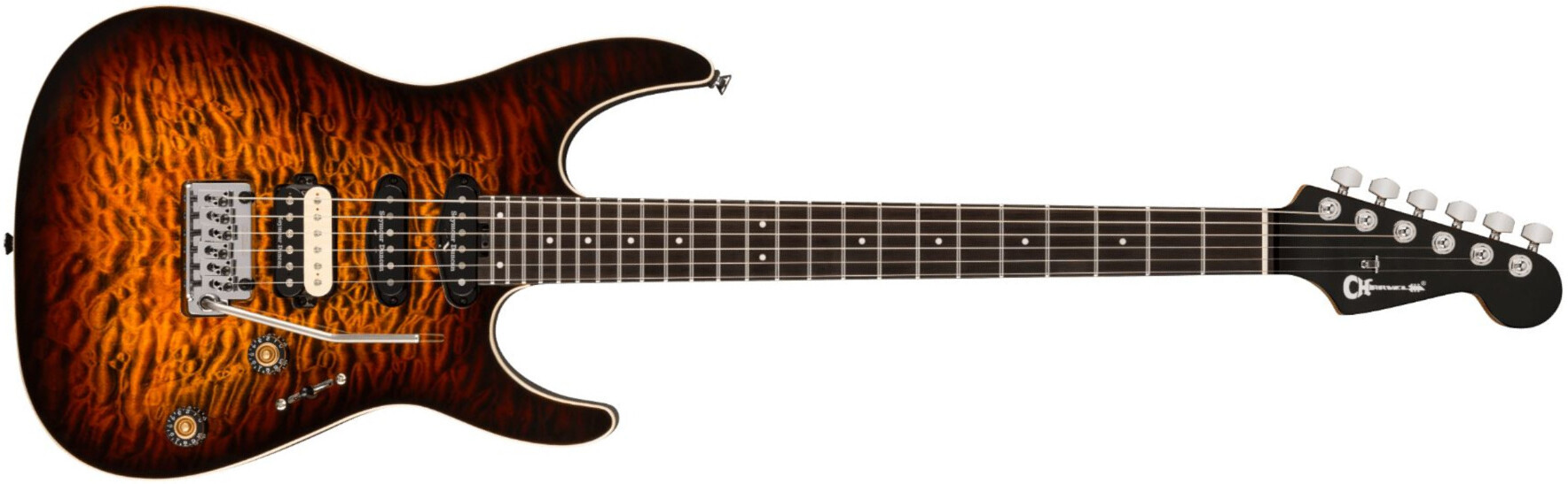 Charvel Dk24 Pro Mod Dinky Qm Plus Trem Hss Eb - Amber Tiger Eye - Elektrische gitaar in Strat vorm - Main picture
