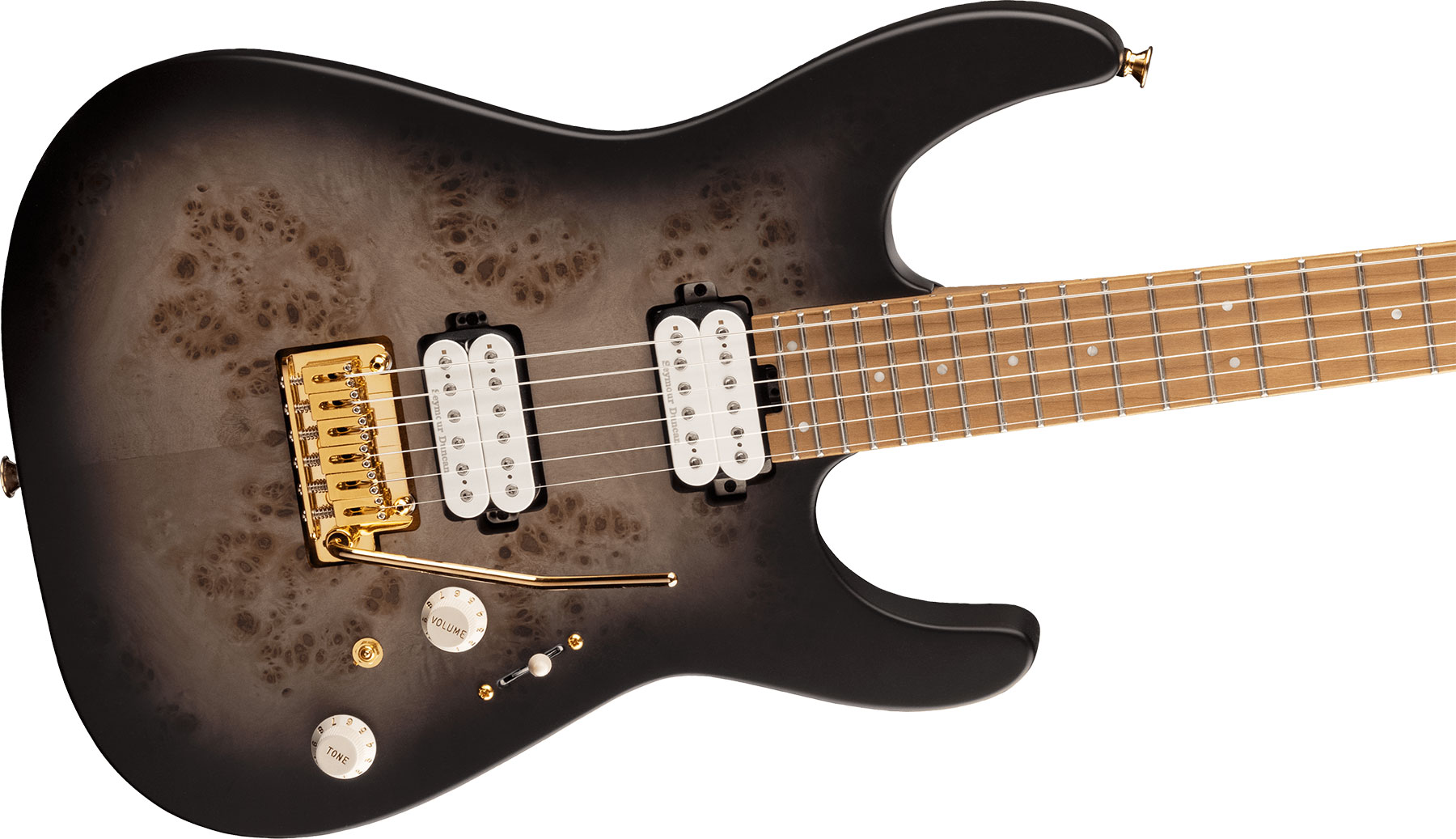 Charvel Dinky Dk24 Hh 2pt Cm Poplar Burl Pro-mod 2h Seymour Duncan Trem Mn - Transparent Black Burst - Elektrische gitaar in Str-vorm - Variation 2