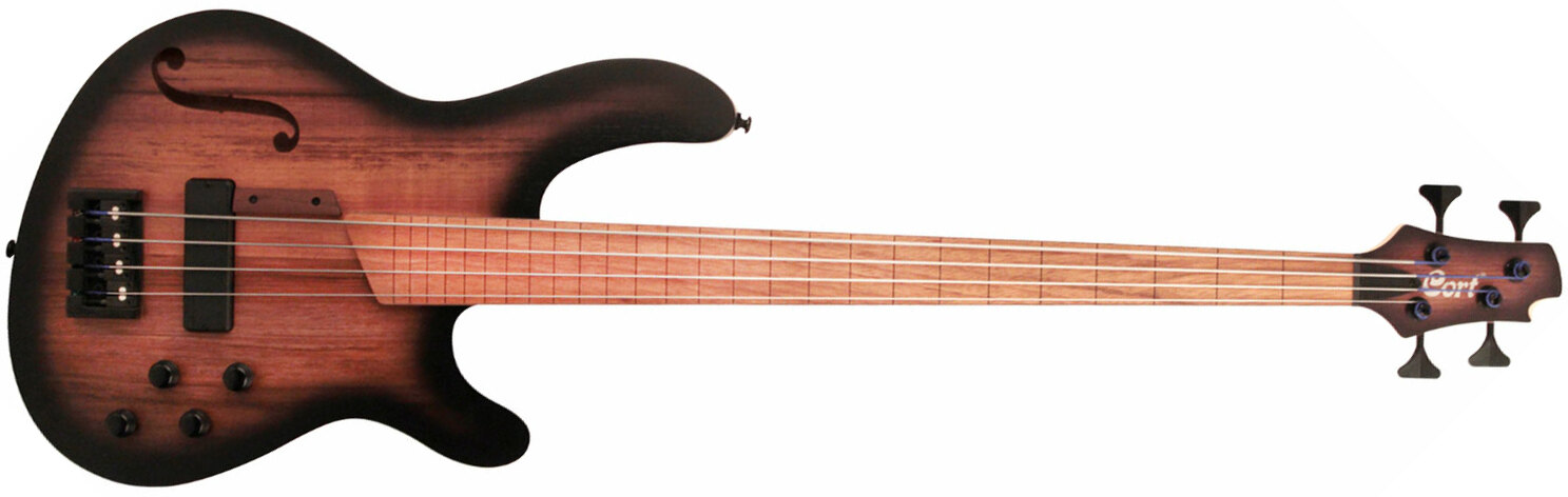 Cort B4fl Mhpz Active Piezo Fretless Jat - Trans Black Burst Satin - Hollow body elektrische bas - Main picture