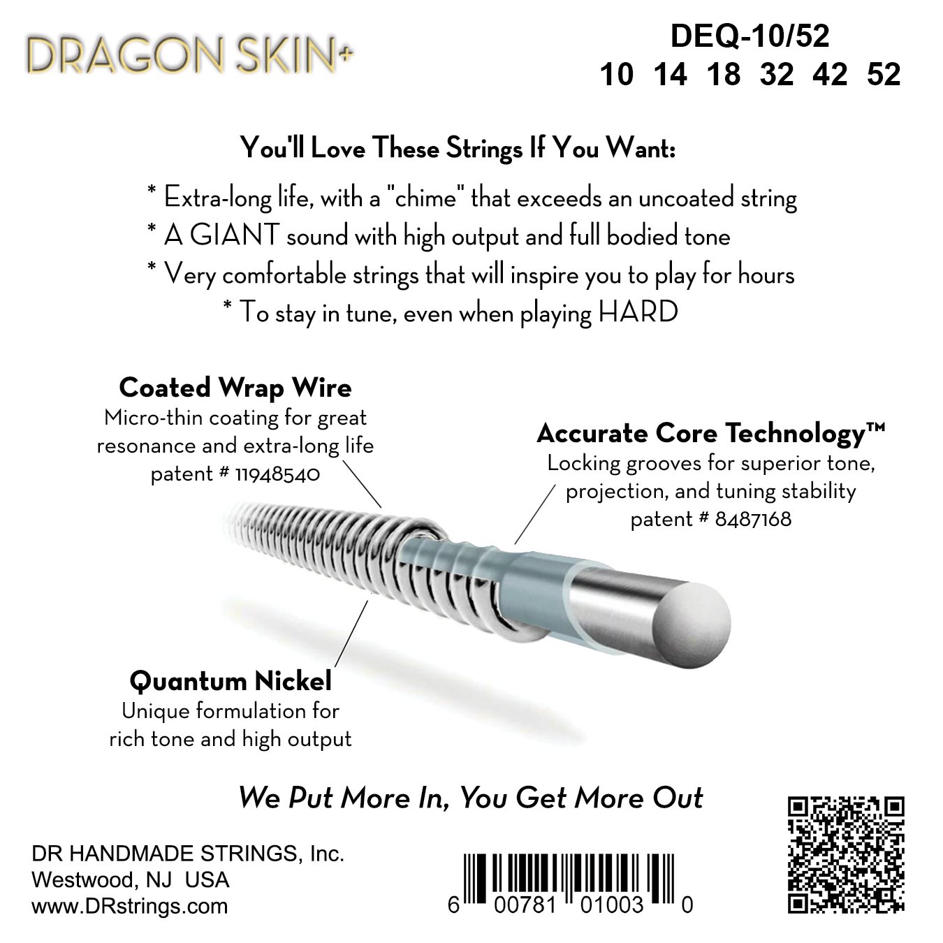 Dr Jeu De 6 Cordes Dragon Skin+ Core Technology Coated Wrap 10-52 - Elektrische gitaarsnaren - Variation 1