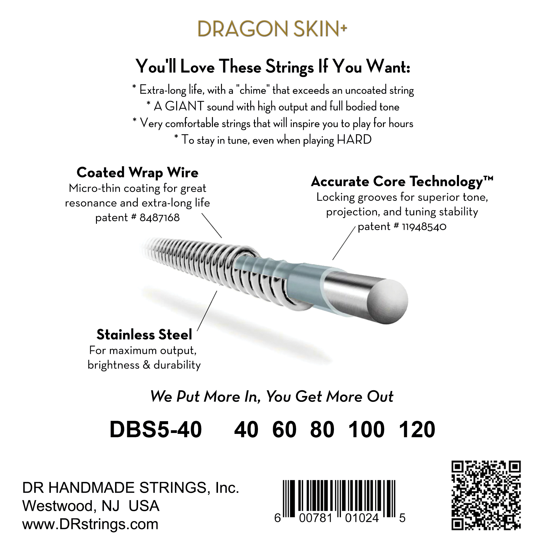 Dr Jeu De 5 Cordes Dragon Skin+ Core Technology Coated Wrap 40-120 - Elektrische bassnaren - Variation 1