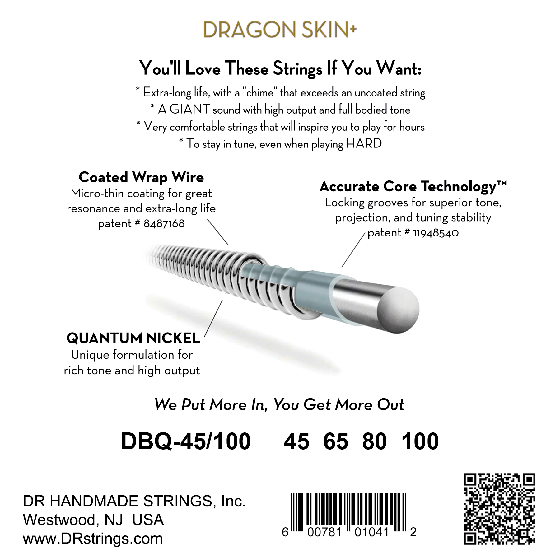 Dr Jeu De 4 Cordes Dragon Skin+ Core Technology Coated Wrap 45-100 - Elektrische bassnaren - Variation 1
