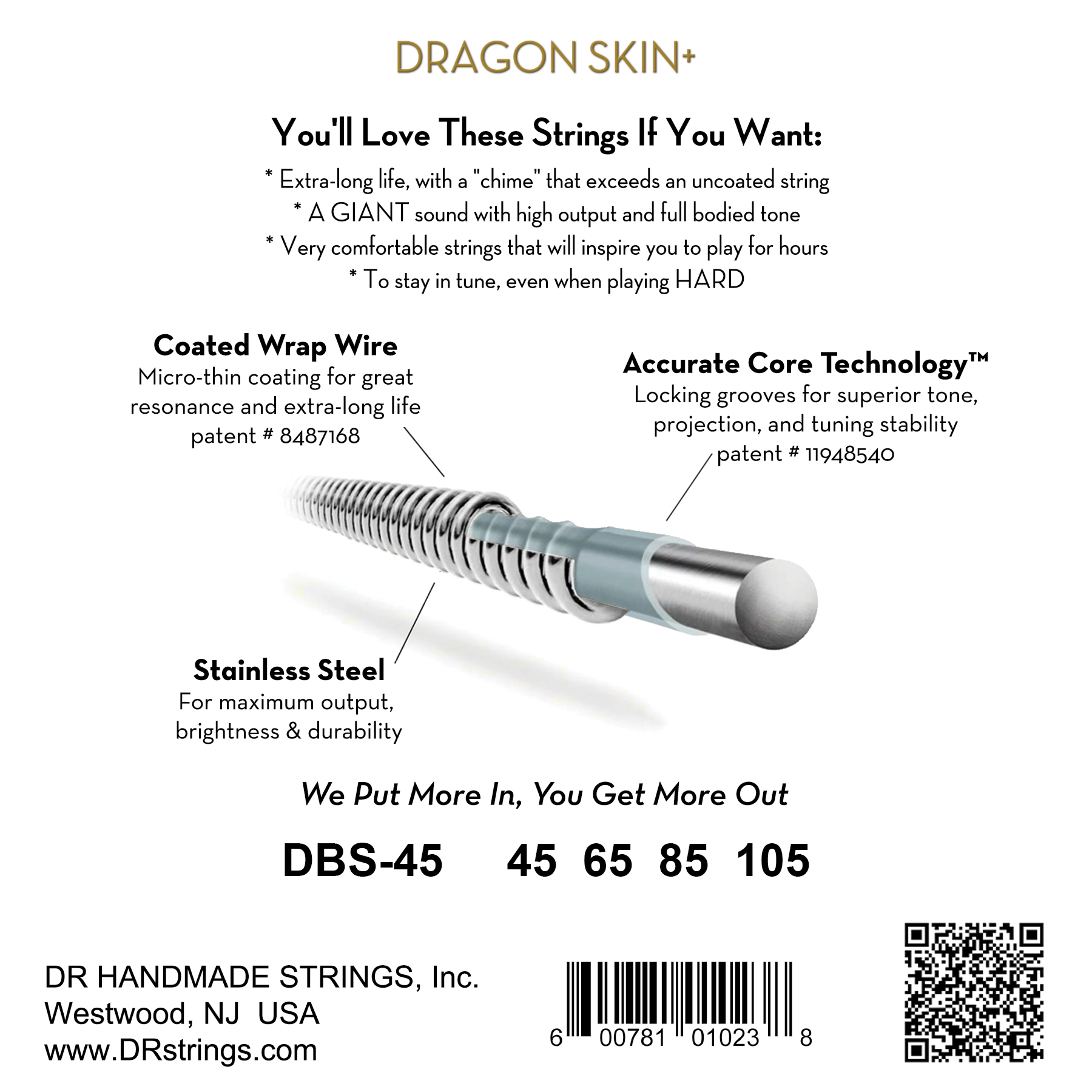 Dr Jeu De 4 Cordes Dragon Skin+ Core Technology Coated Wrap 45-105 - Elektrische bassnaren - Variation 1