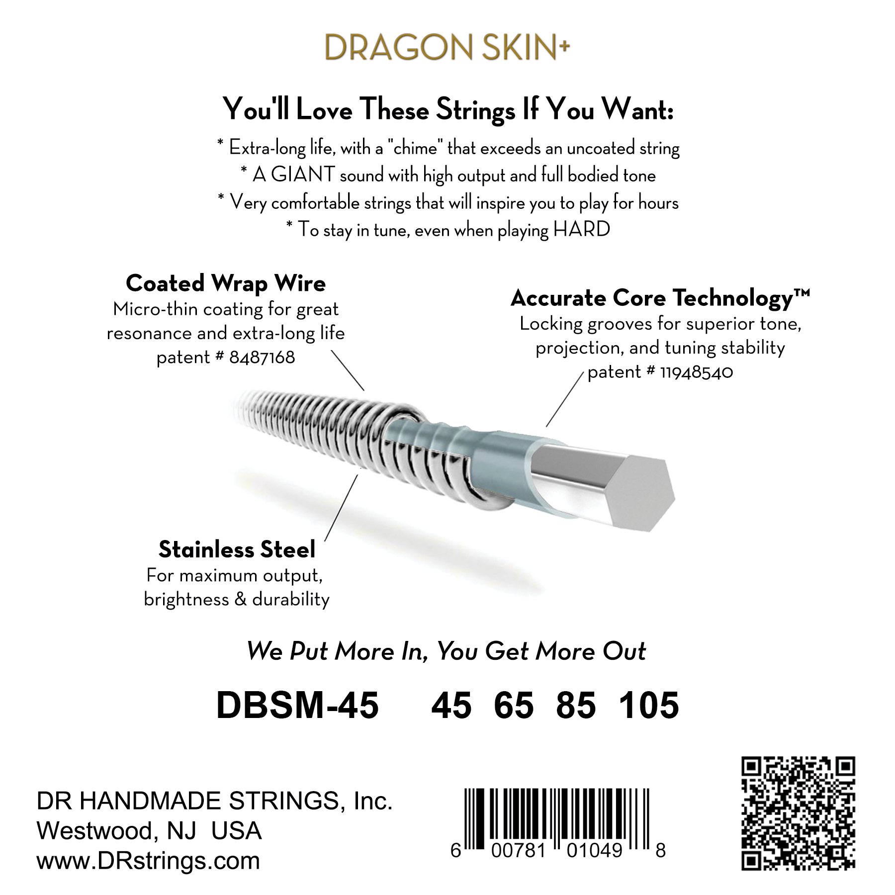 Dr Jeu De 4 Cordes Dragon Skin+ Core Technology Coated Wrap 45-105 Tapered Multi-scale - Elektrische bassnaren - Variation 1