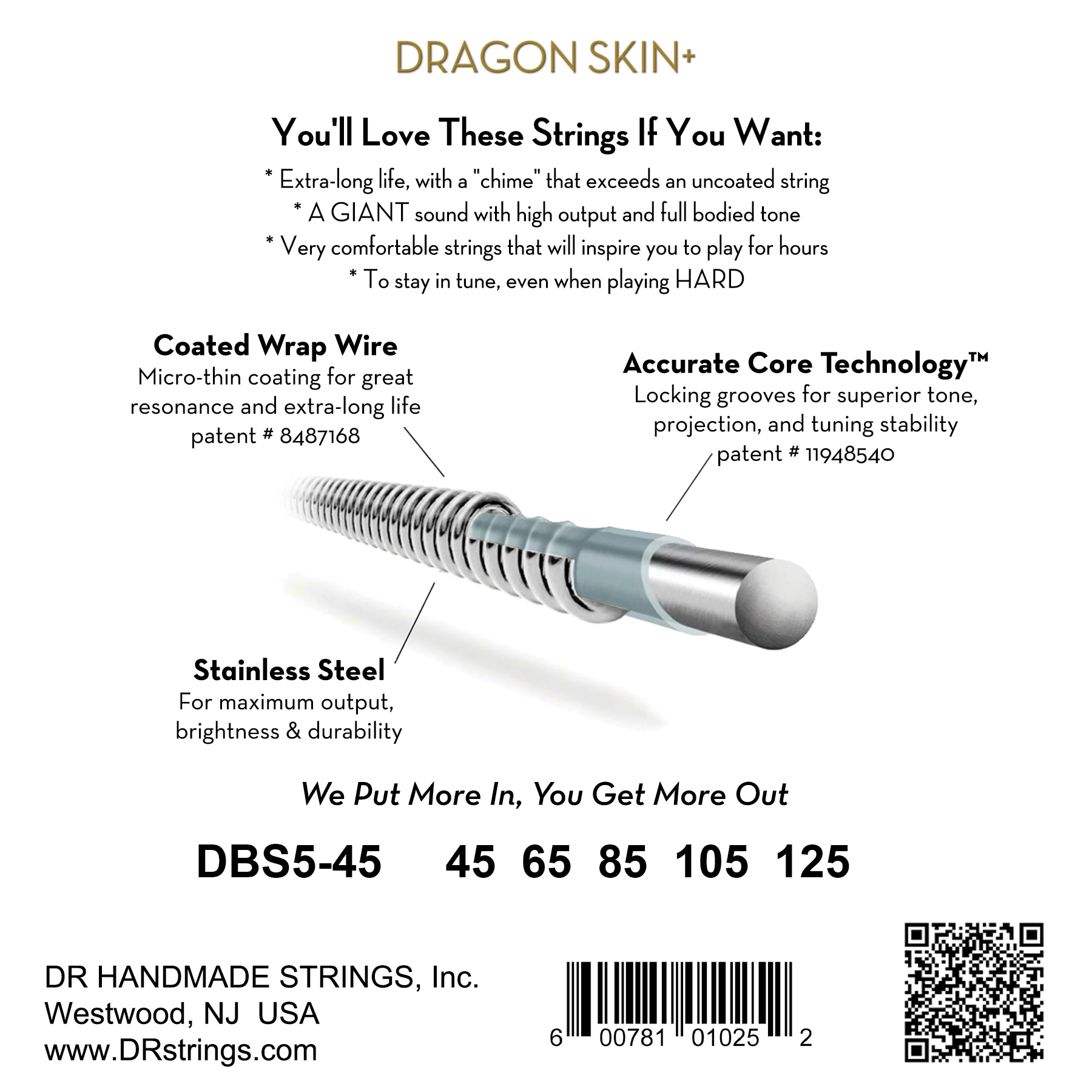 Dr Jeu De 5 Cordes Dragon Skin+ Core Technology Coated Wrap 45-125 - Elektrische bassnaren - Variation 1