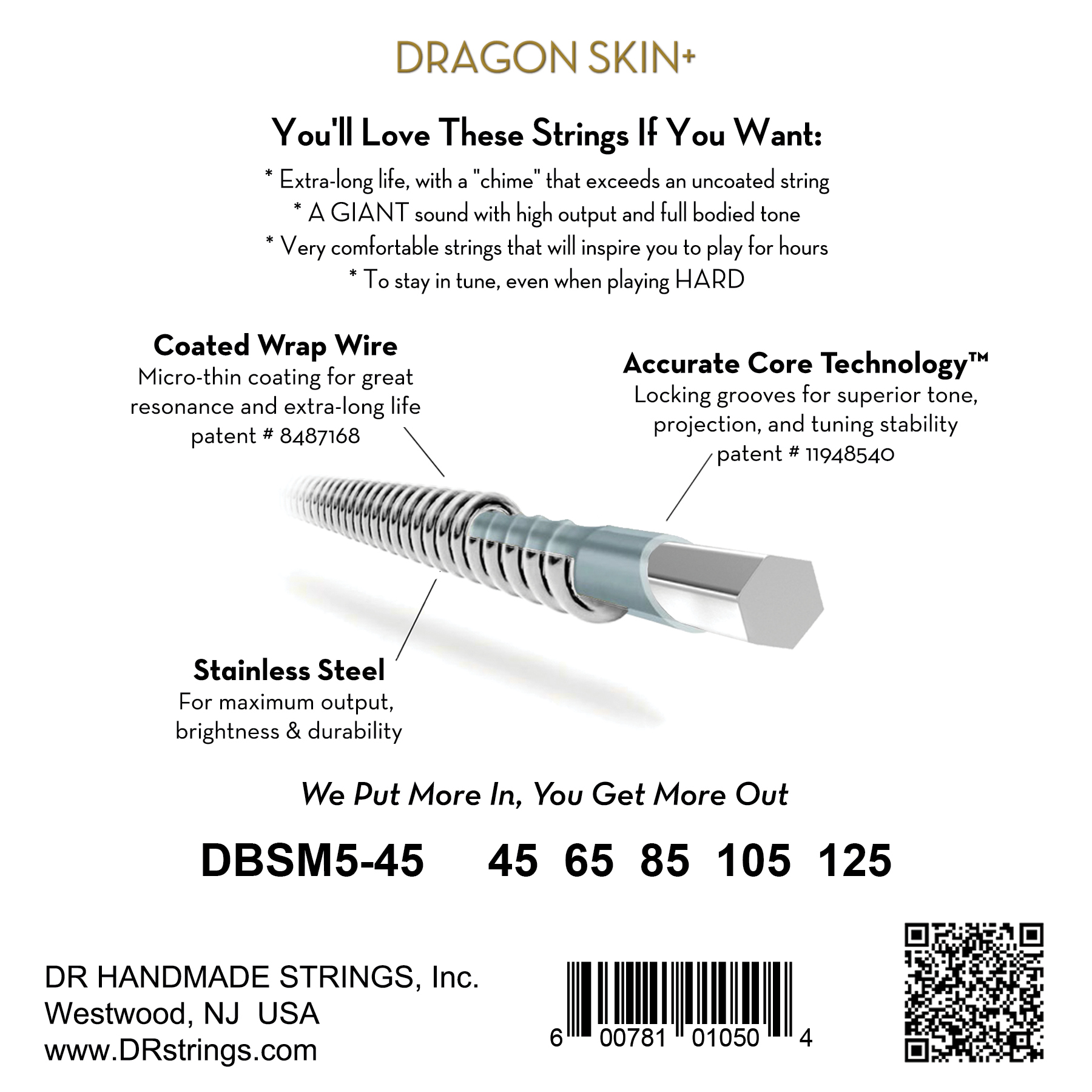 Dr Jeu De 5 Cordes Dragon Skin+ Core Technology Coated Wrap 45-125 Tapered Multi-scale - Elektrische bassnaren - Variation 1