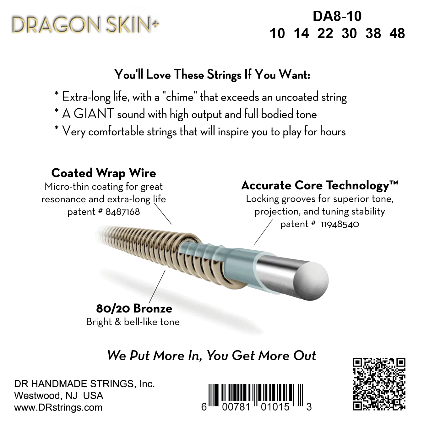 Dr Jeu De 6 Cordes Dragon Skin+ Core Technology Coated Wrap 80/20 10-48 - Westerngitaarsnaren - Variation 1