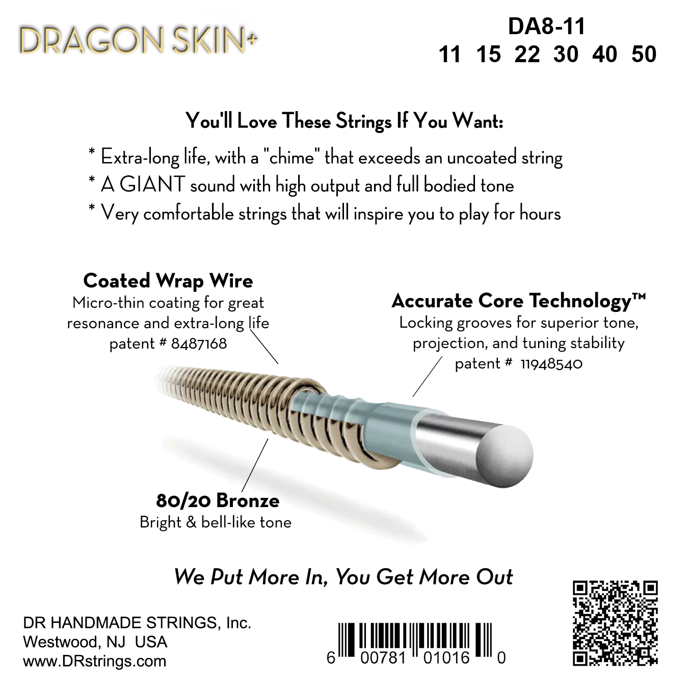 Dr Jeu De 6 Cordes Dragon Skin+ Core Technology Coated Wrap 80/20 11-50 - Westerngitaarsnaren - Variation 1