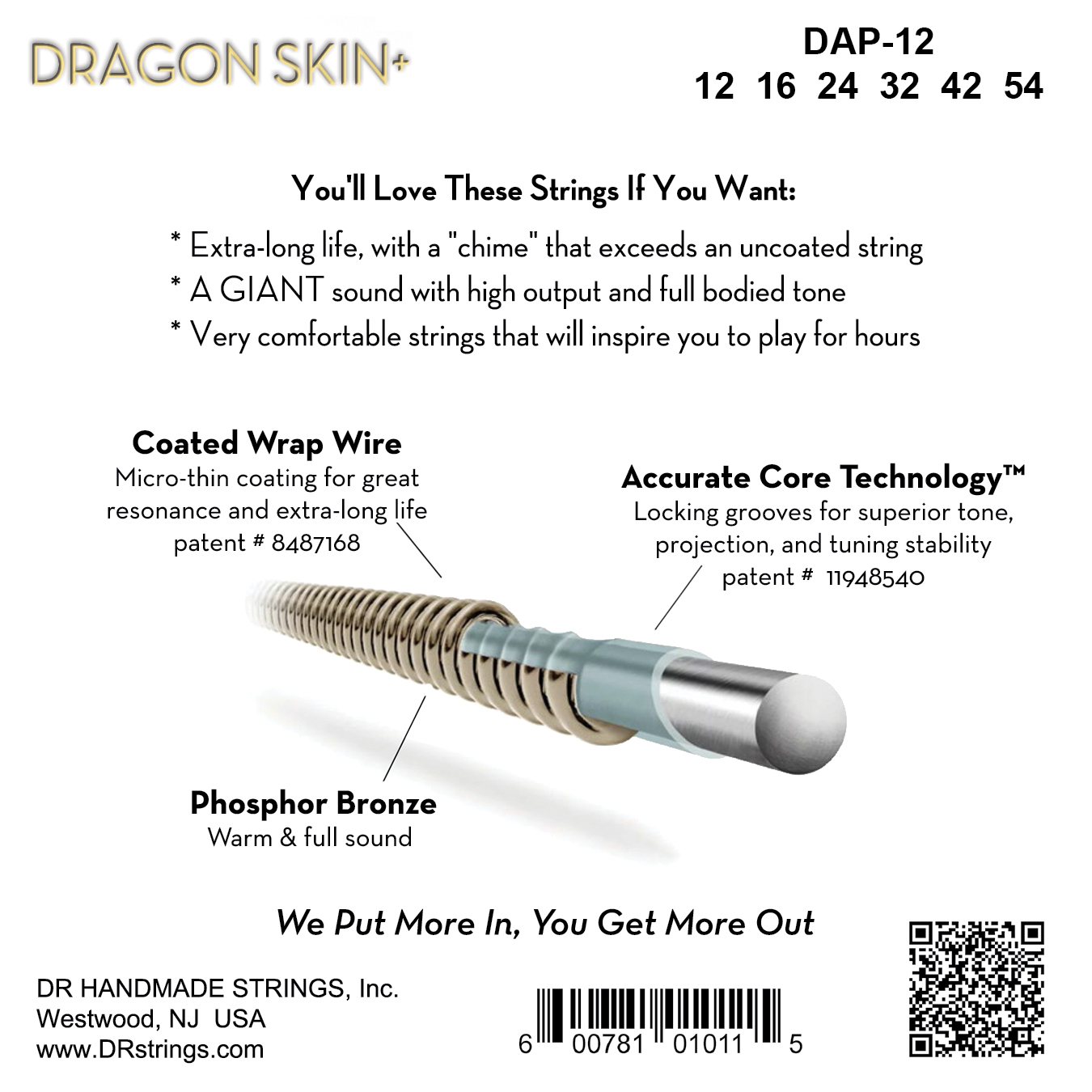 Dr Jeu De 6 Cordes Dragon Skin+ Core Technology Coated Wrap Phosphore Bronze 12-54 - Westerngitaarsnaren - Variation 1