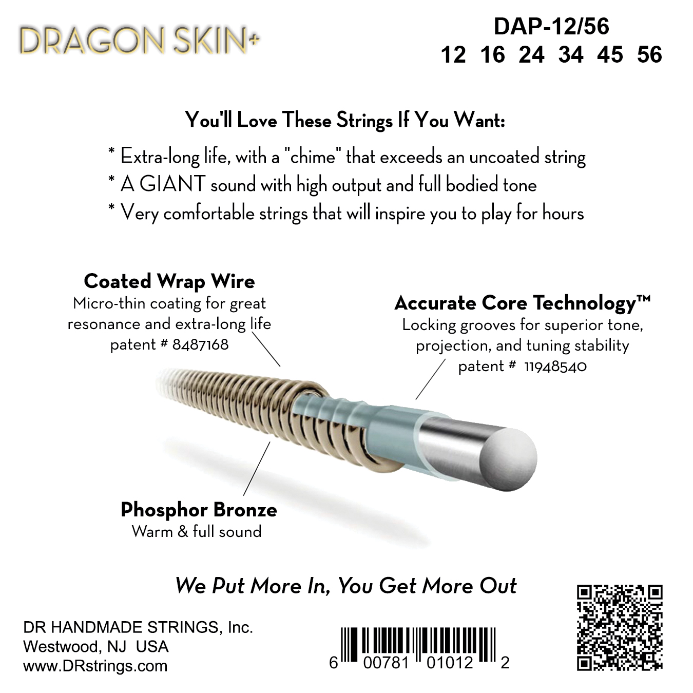 Dr Jeu De 6 Cordes Dragon Skin+ Core Technology Coated Wrap Posphore Bronze 12-56 - Westerngitaarsnaren - Variation 1
