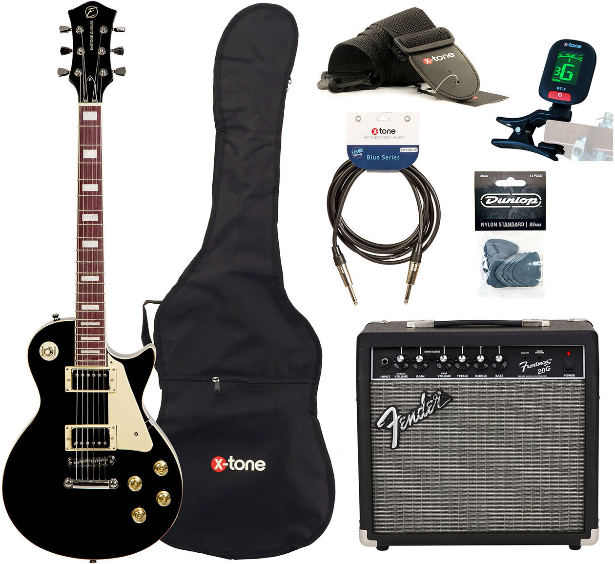 Eastone Lp100 +fender Frontman 20g +cable +clip-on Tuner +mediators +housse +courroie - Black - Elektrische gitaar set - Main picture