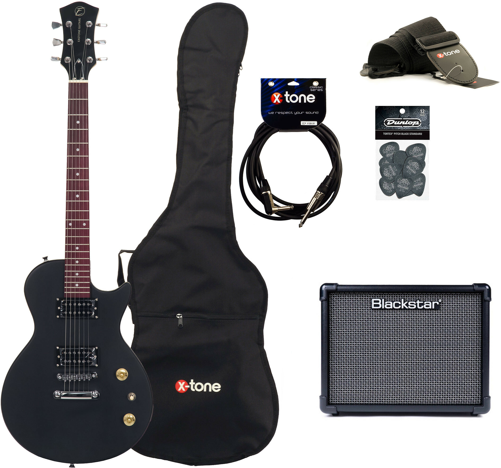 Eastone Lpl70 +blackstar Id Core Stereo V3 10 +cable +housse +courroie +mediators - Black Satin - Elektrische gitaar set - Main picture