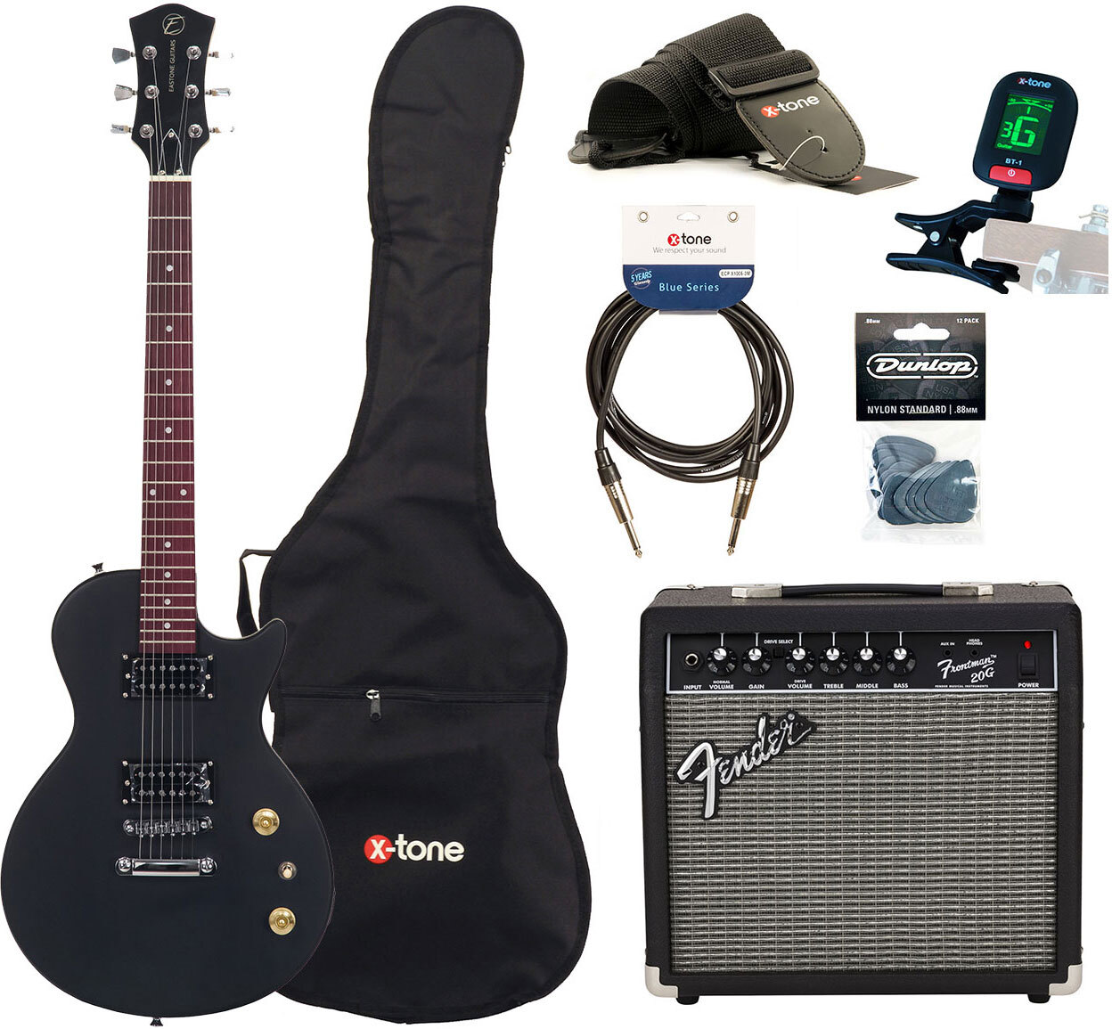 Eastone Lpl70 +fender Frontman 20g +cable +clip-on Tuner +mediators +housse +courroie - Black Satin - Elektrische gitaar set - Main picture