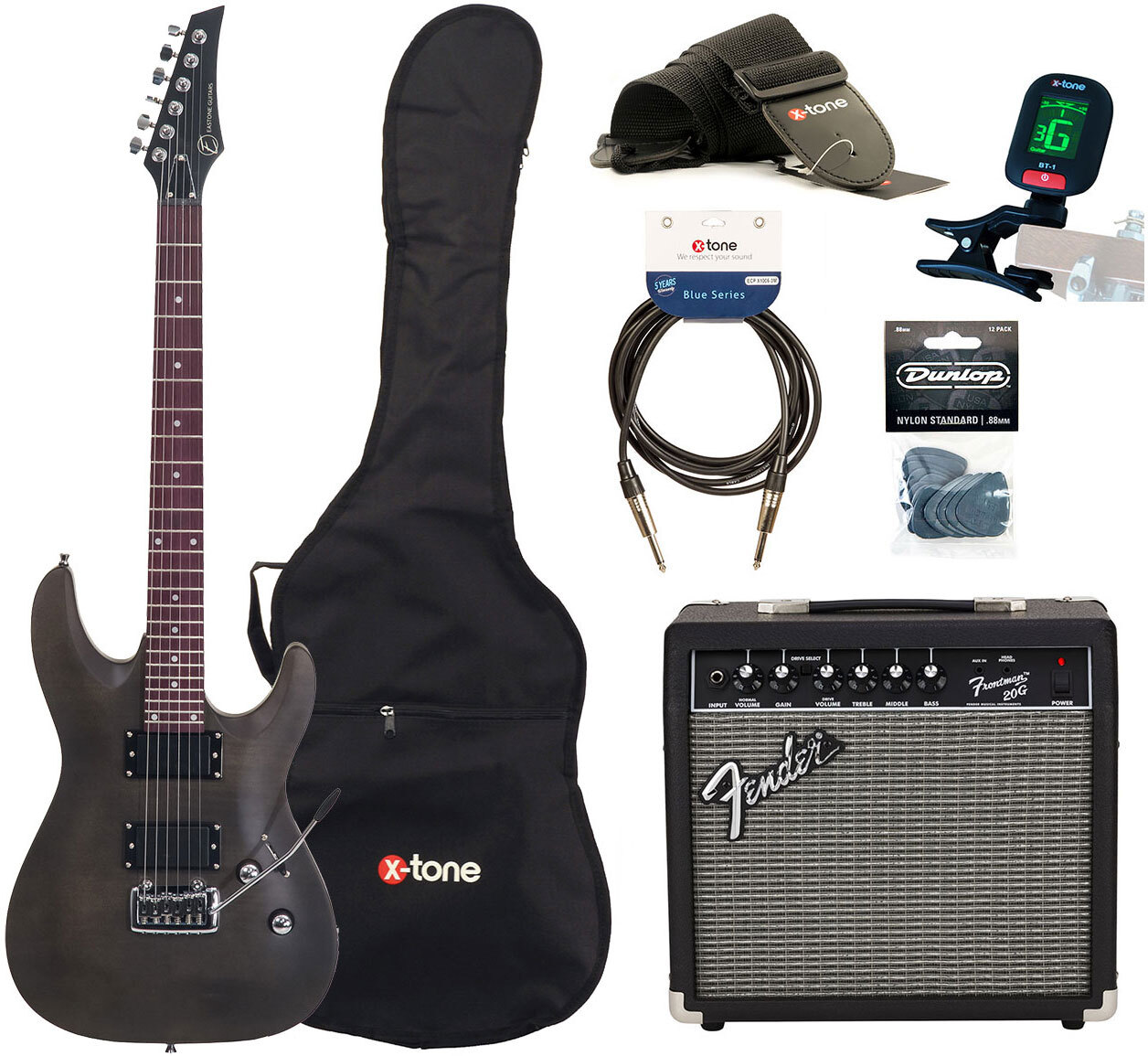 Eastone Metdc +fender Frontman 20g +cable +clip-on Tuner +mediators +housse +courroie - Black Satin - Elektrische gitaar set - Main picture