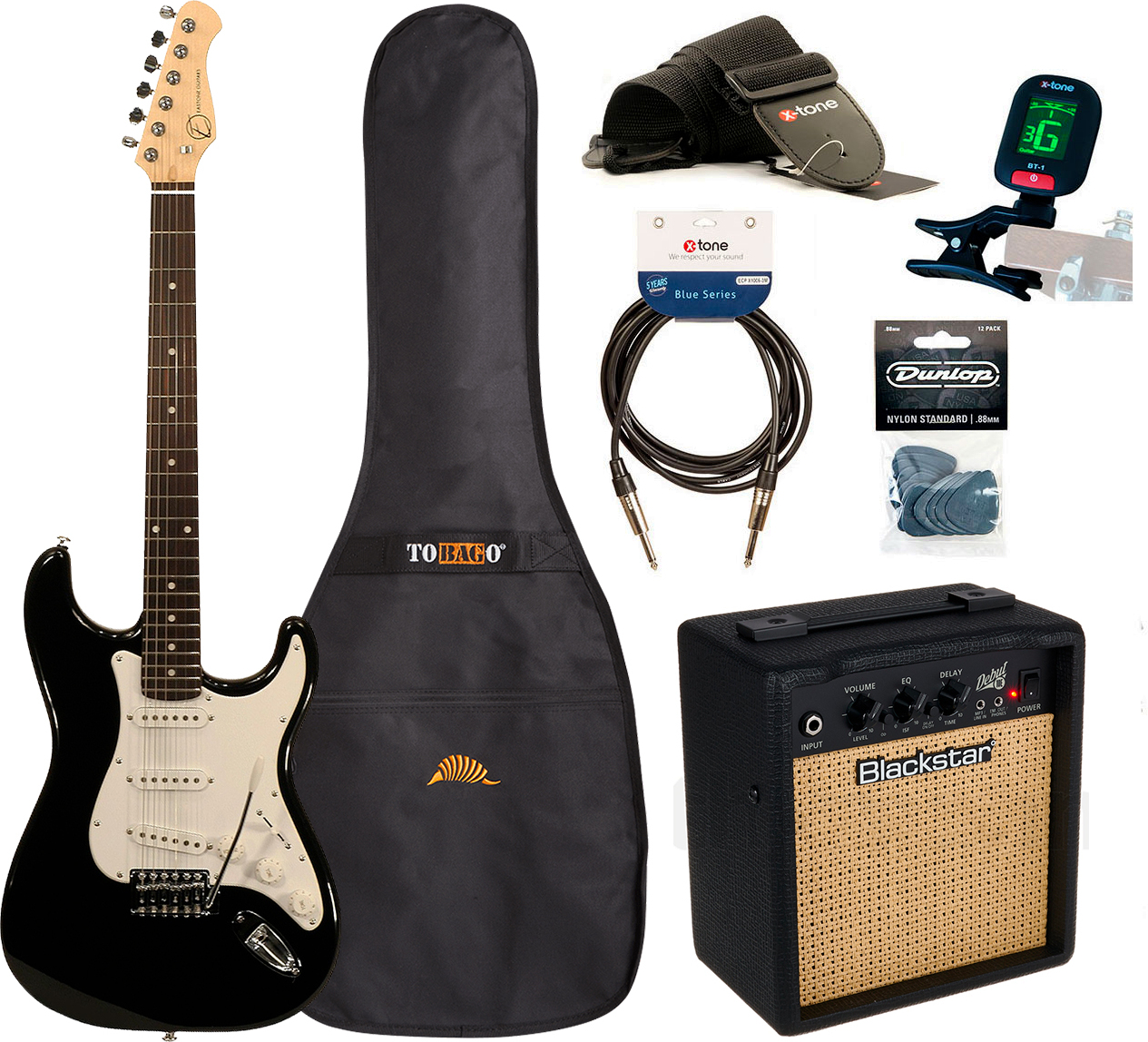 Eastone Str70 +blackstar Debut 10 +cable +clip-on Tuner +mediators +housse +courroie - Black - Elektrische gitaar set - Main picture