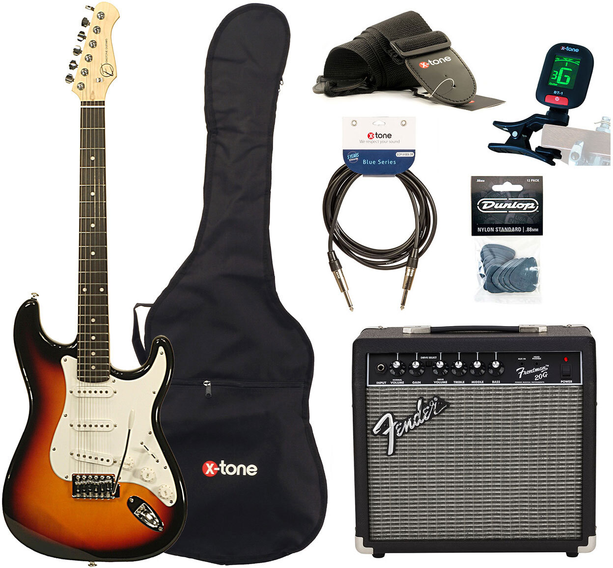 Eastone Str70 +fender Frontman 20g +cable +clip-on Tuner +mediators +housse +courroie - 3 Tone Sunburst - Elektrische gitaar set - Main picture