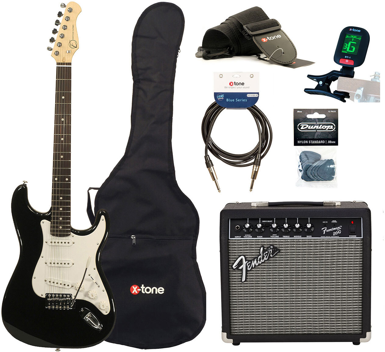 Eastone Str70 +fender Frontman 20g +cable +clip-on Tuner +mediators +housse +courroie - Black - Elektrische gitaar set - Main picture