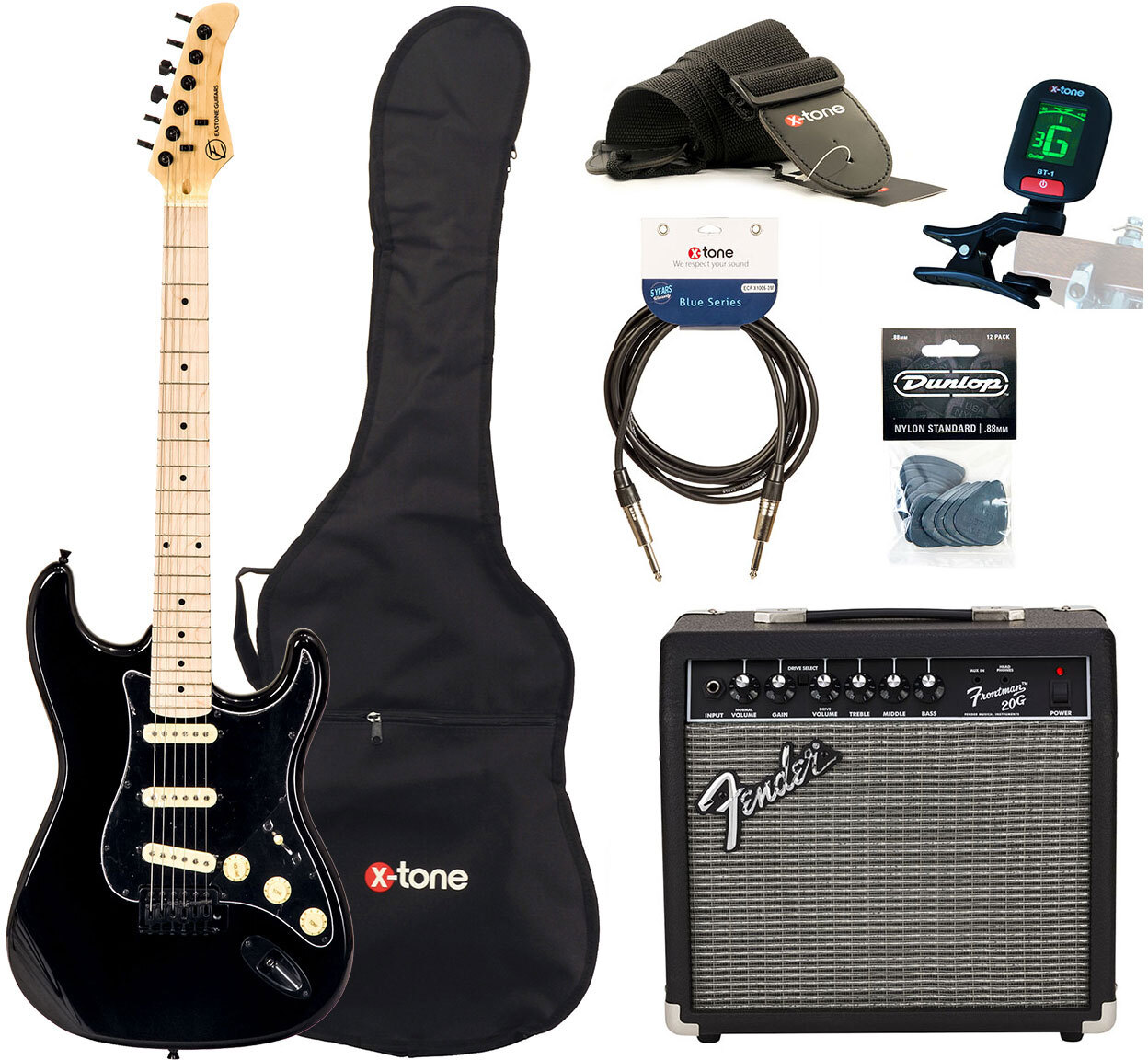 Eastone Str70 Gil +fender Frontman 20g +cable +clip-on Tuner +mediators +housse +courroie - Black - Elektrische gitaar set - Main picture