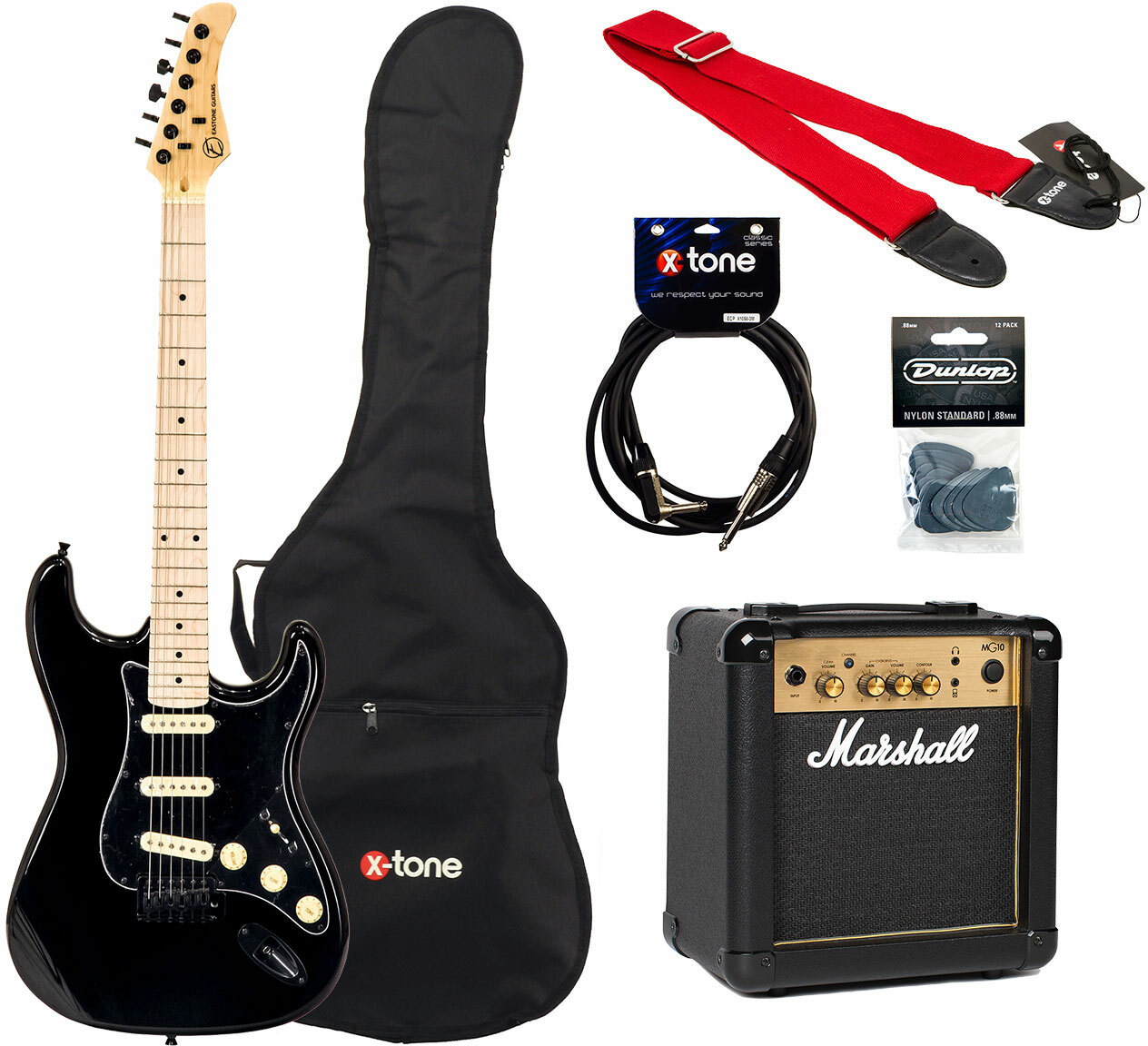 Eastone Str70 Gil +marshall Mg10 +housse +courroie +cable +mediators - Black - Elektrische gitaar set - Main picture