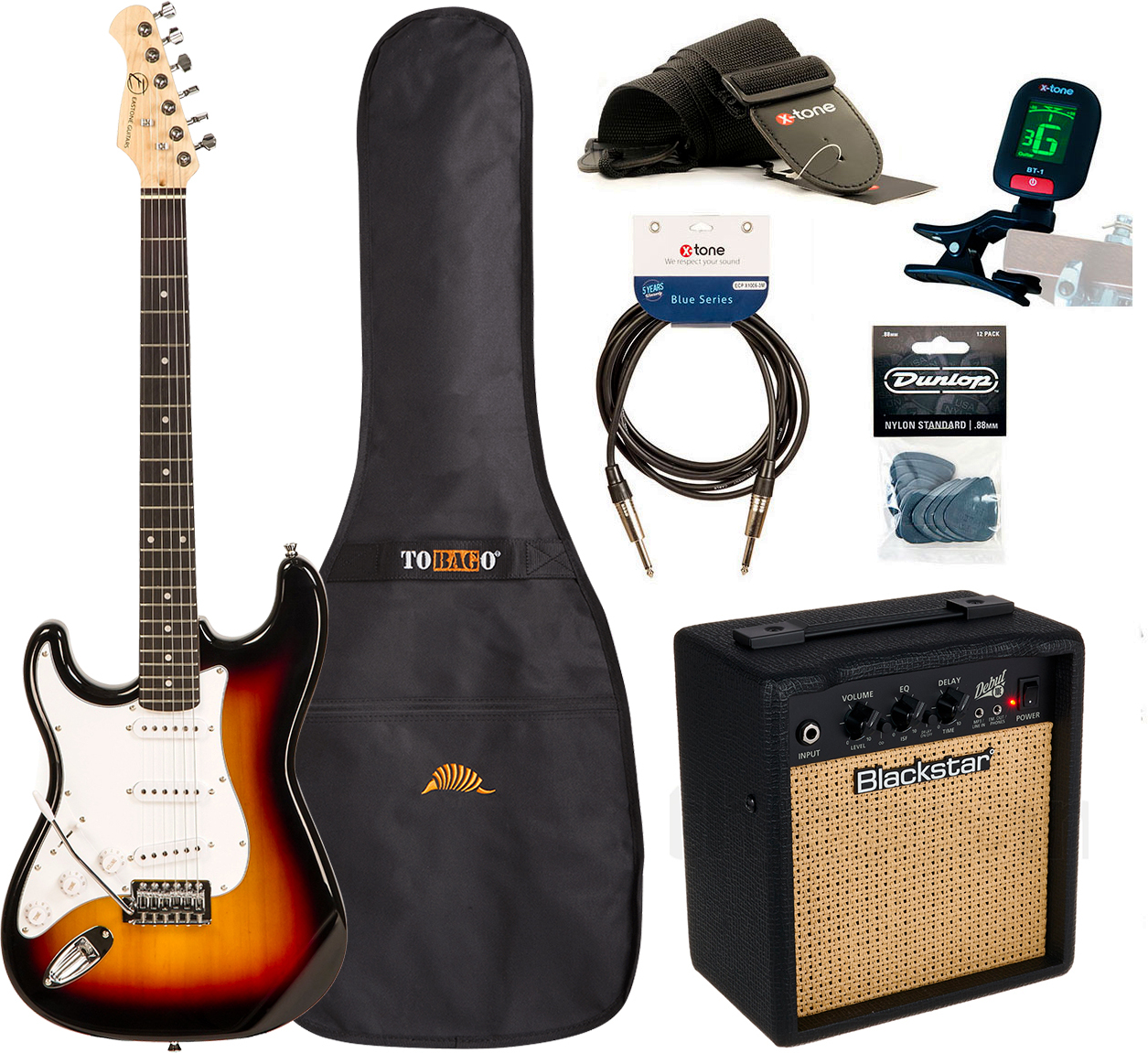 Eastone Str70 Lh Gaucher +blackstar Debut 10 +cable +clip-on Tuner +mediators +housse +courroie - 3 Tone Sunburst - Elektrische gitaar set - Main pict