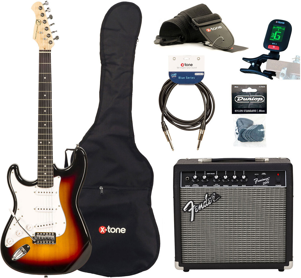 Eastone Str70 Lh Gaucher +fender Frontman 20g +cable +clip-on Tuner +mediators +housse +courroie - 3 Tone Sunburst - Elektrische gitaar set - Main pic