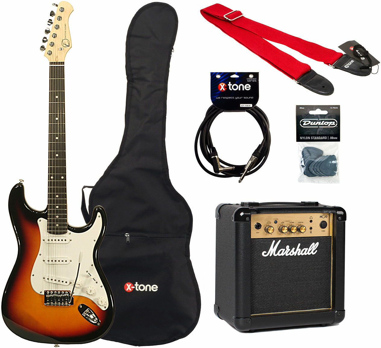 Eastone Str70t +marshall Mg10 10w +cable +mediators +housse - 3 Tone Sunburst - Elektrische gitaar set - Main picture