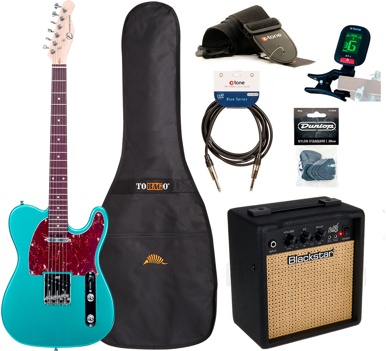 Eastone Tl70 +blackstar Debut 10 +cable +clip-on Tuner +mediators +housse +courroie - Metallic Light Blue - Elektrische gitaar set - Main picture