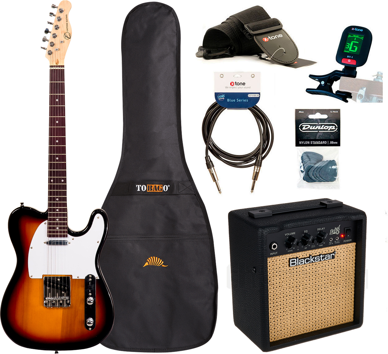 Eastone Tl70 +blackstar Debut 10 +cable +clip-on Tuner +mediators +housse +courroie - 3 Tone Sunburst - Elektrische gitaar set - Main picture