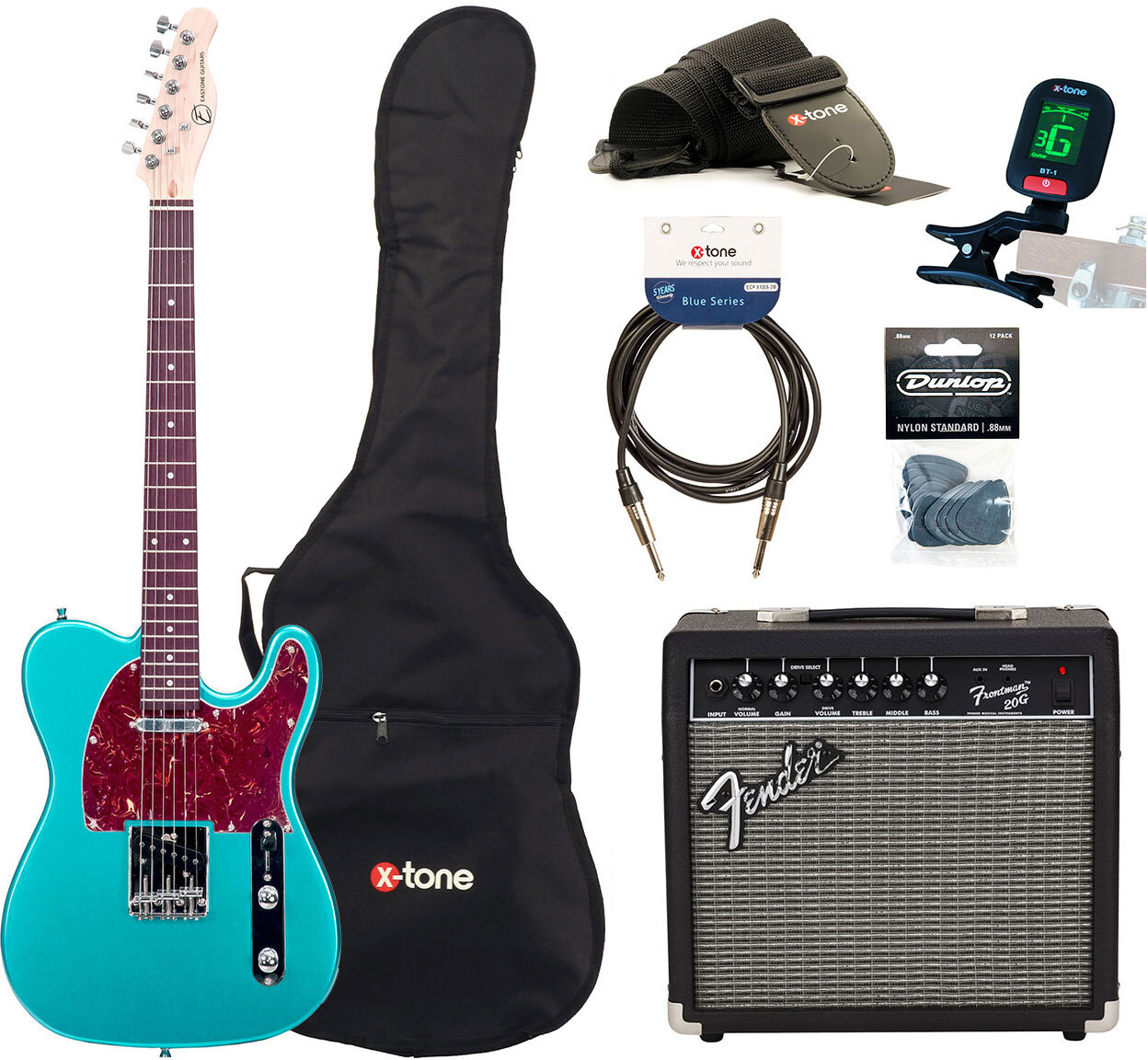 Eastone Tl70 +fender Frontman 20g +cable +clip-on Tuner +mediators +housse +courroie - Metallic Light Blue - Elektrische gitaar set - Main picture