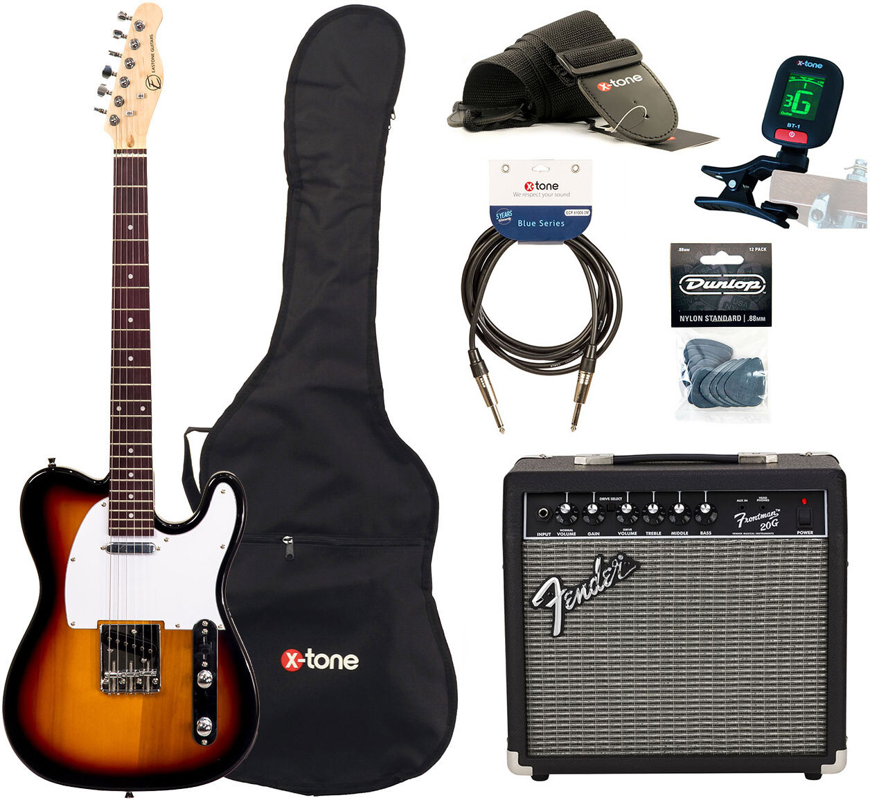 Eastone Tl70 +fender Frontman 20g +cable +clip-on Tuner +mediators +housse +courroie - 3 Tone Sunburst - Elektrische gitaar set - Main picture