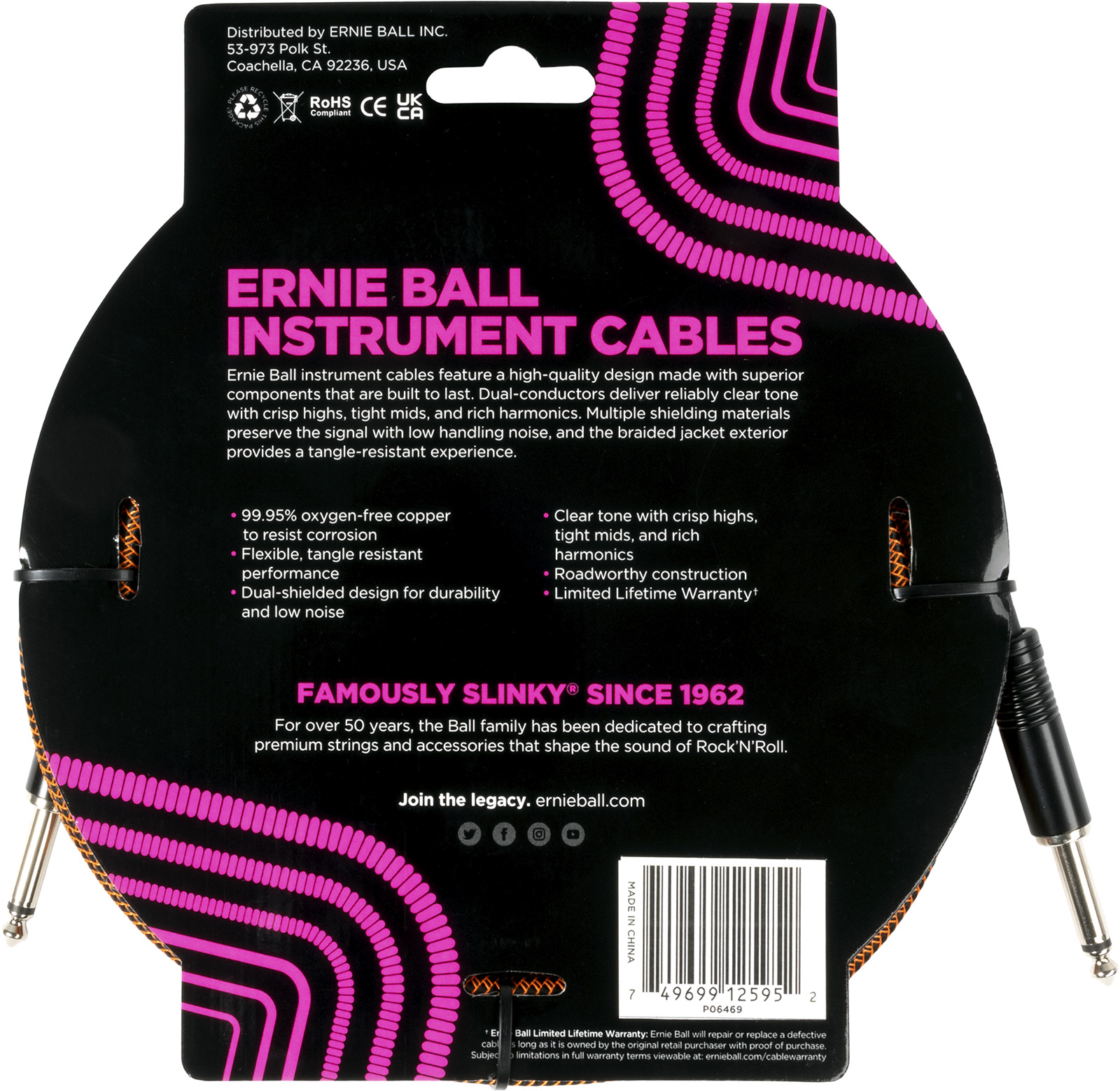 Ernie Ball Cable Instrument Gaine Tissée Jack/jack 5,5m Orange Et Noir - Kabel - Variation 1