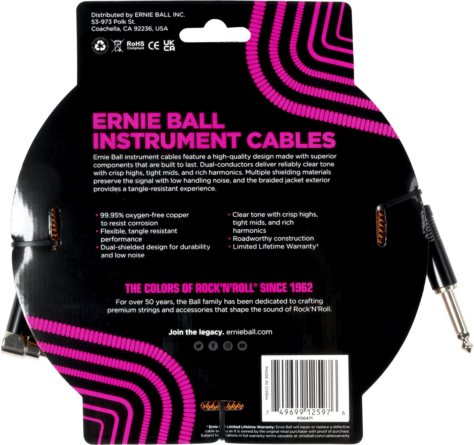 Ernie Ball Cable Instrument Gaine Tissée Jack/jack Coudé 5,5m Orange Et Noir - Kabel - Variation 1