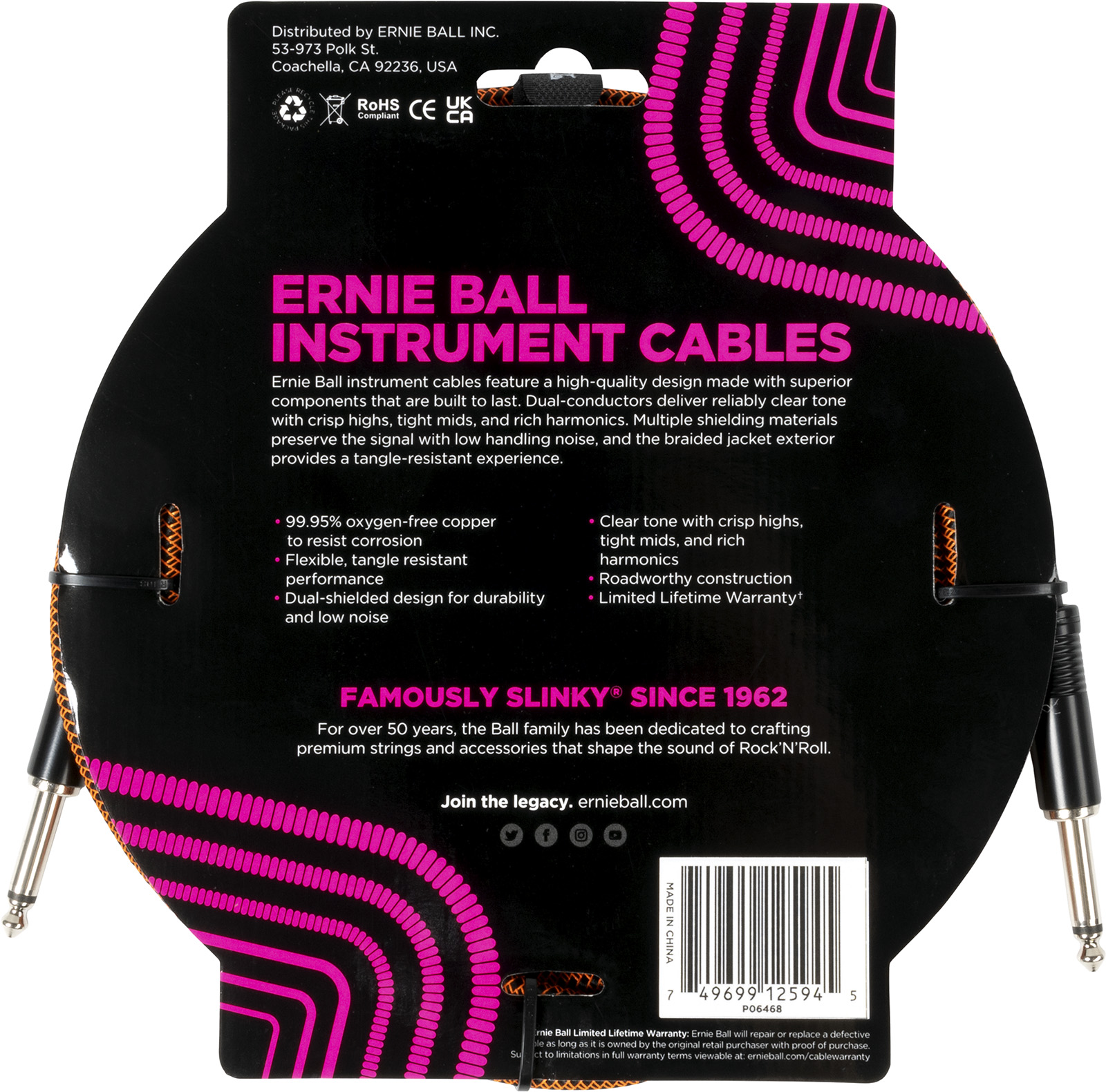 Ernie Ball Cables Instrument Gaine Tissée Jack/jack 3m Orange Et Noir - Kabel - Variation 1