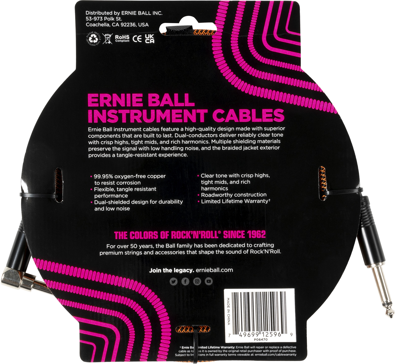 Ernie Ball Cable Instrument Gaine Tissée Jack/jack Coudé 3m Orange Et Noir - Kabel - Variation 1