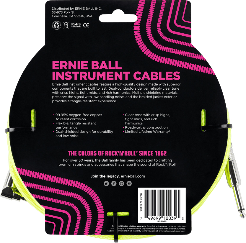 Ernie Ball P06085 Braided 18ft Straight / Angle Instrument Cable 5.49m Droit / Coude Neon Yellow - Gitaarstemmer - Variation 1