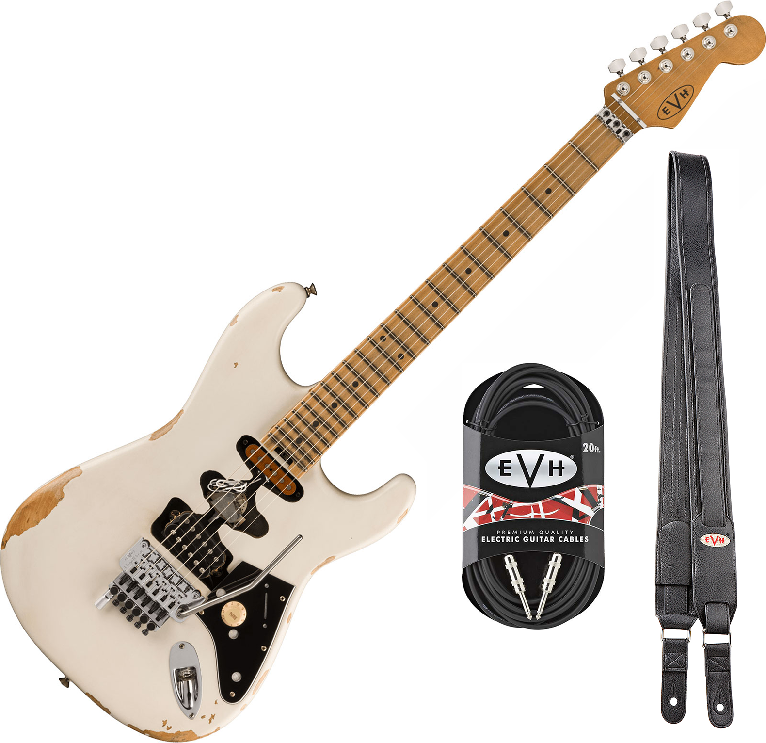 Evh Frankenstein Relic Mex 1h Fr Mn + Premium Cable 42.inc + Premium Strap - White - Elektrische gitaar set - Main picture