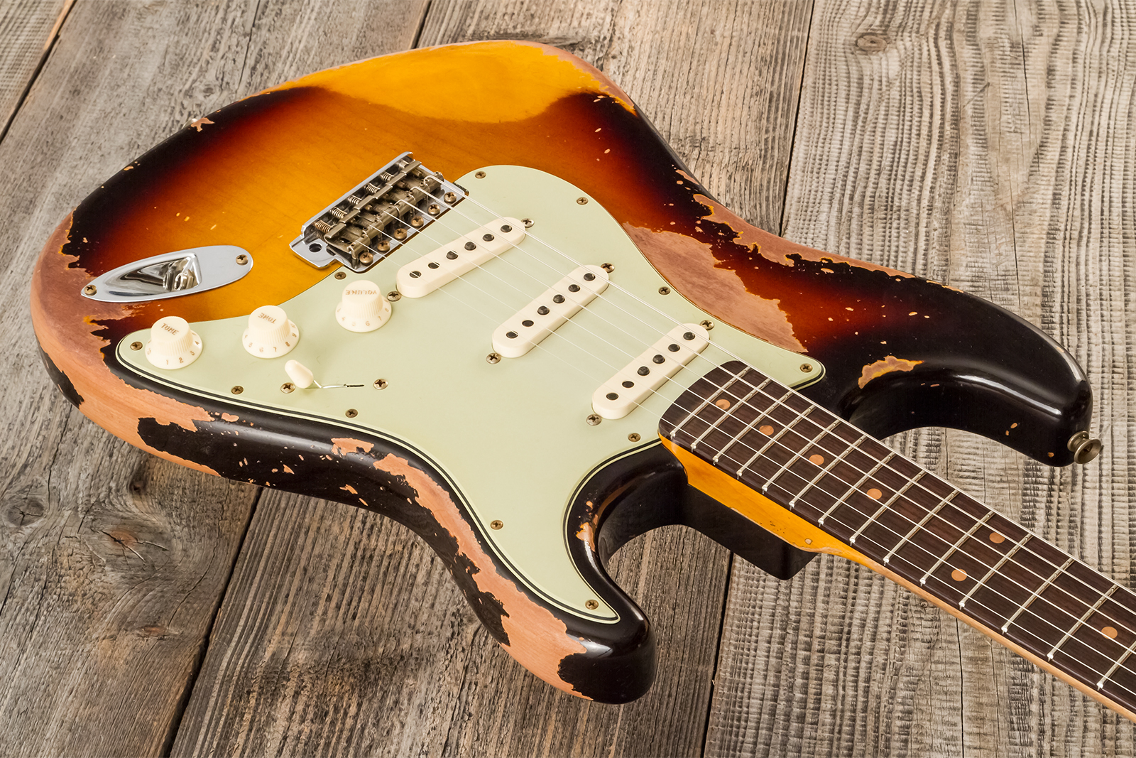 Fender Custom Shop Strat 1959 3s Trem #cz583182 - Super Heavy Relic Chocolate 3-color Sunburst - Elektrische gitaar in Strat vorm - Variation 2
