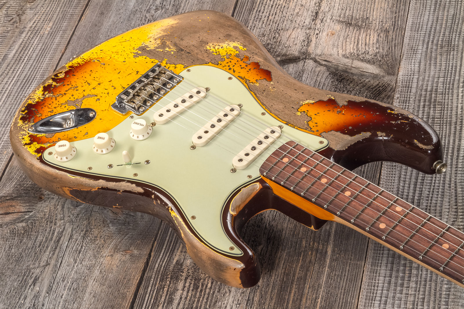Fender Custom Shop Strat 1959 3s Trem Rw #cz569850 - Super Heavy Relic Aged Chocolate 3-color Sunburst - Elektrische gitaar in Str-vorm - Variation 2