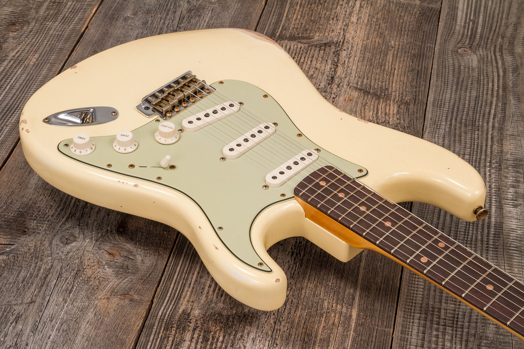 Fender Custom Shop Strat 1959 3s Trem Rw #r133842 - Relic Antique Vintage White - Elektrische gitaar in Str-vorm - Variation 2
