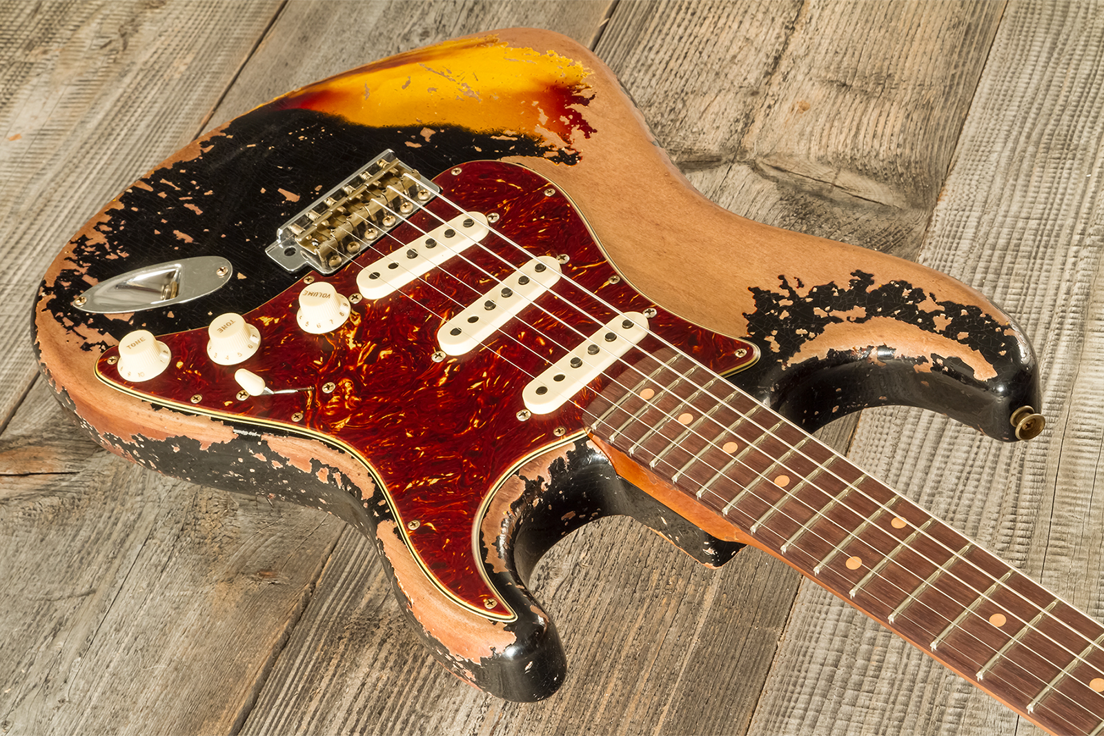 Fender Custom Shop Strat 1961 3s Trem #cz580688 - Super Heavy Relic Black O. 3-color Sunburst - Elektrische gitaar in Str-vorm - Variation 2