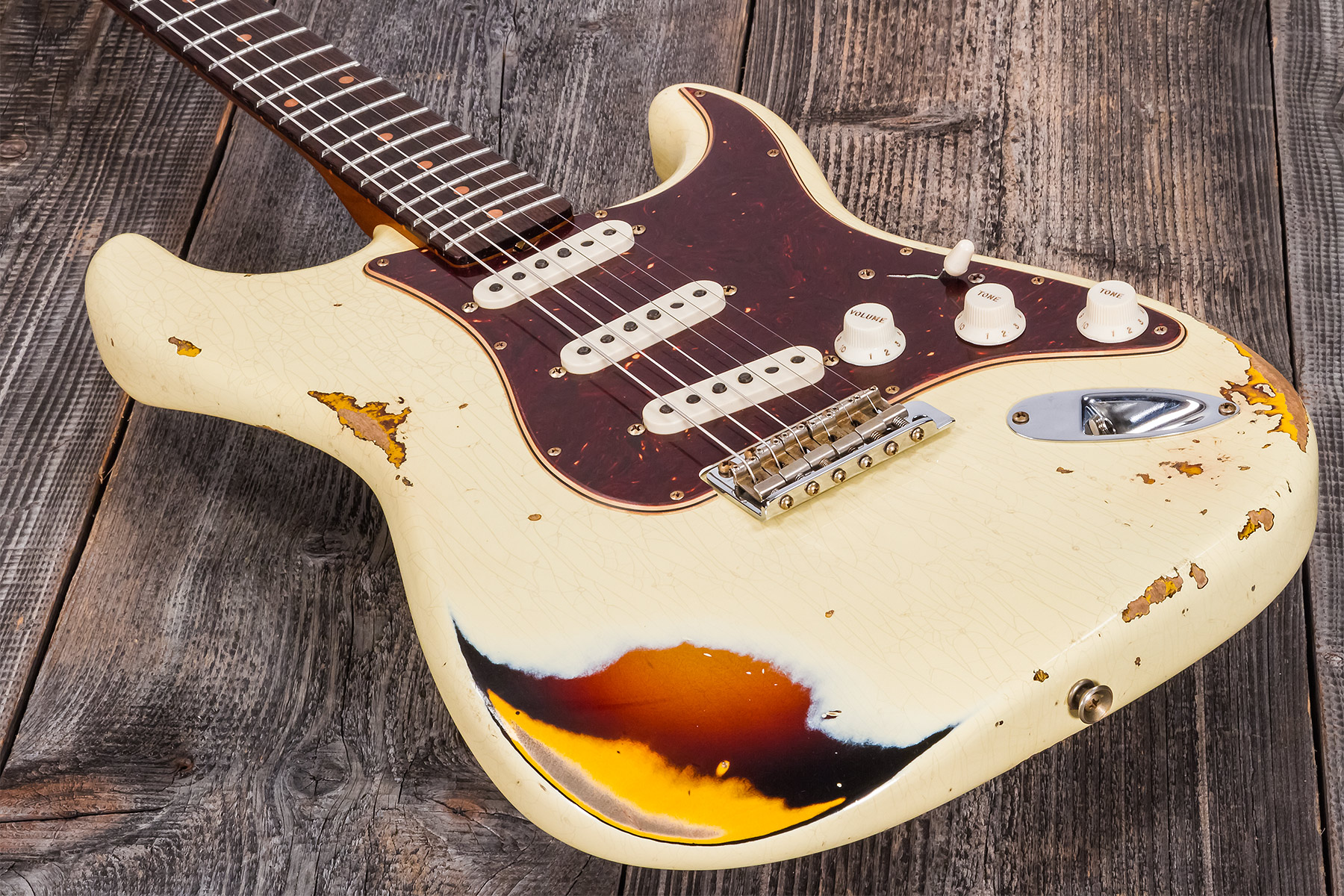 Fender Custom Shop Strat 1961 3s Trem Rw #cz563376 - Heavy Relic Vintage White/3-color Sunburst - Elektrische gitaar in Str-vorm - Variation 3