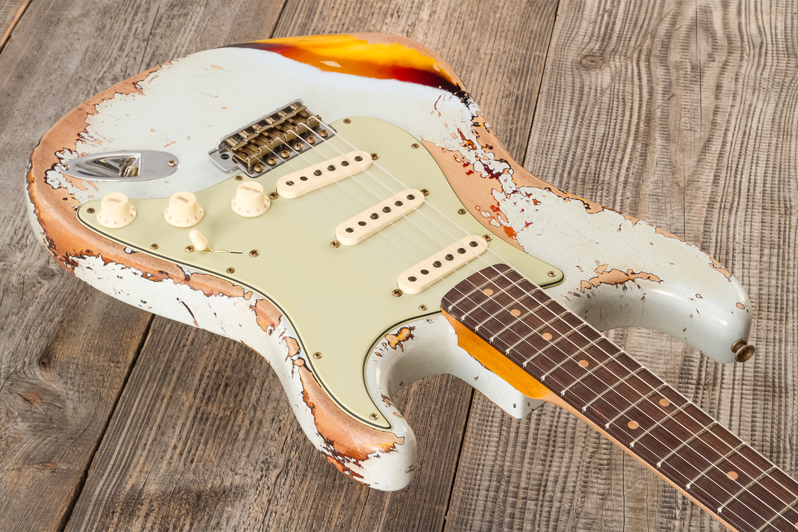 Fender Custom Shop Strat 1961 Bone Tone 3s Trem Rw #cz583129 - Super Heavy Relic Sonic Blue O. 3-color Sunburst - Elektrische gitaar in Str-vorm - Var