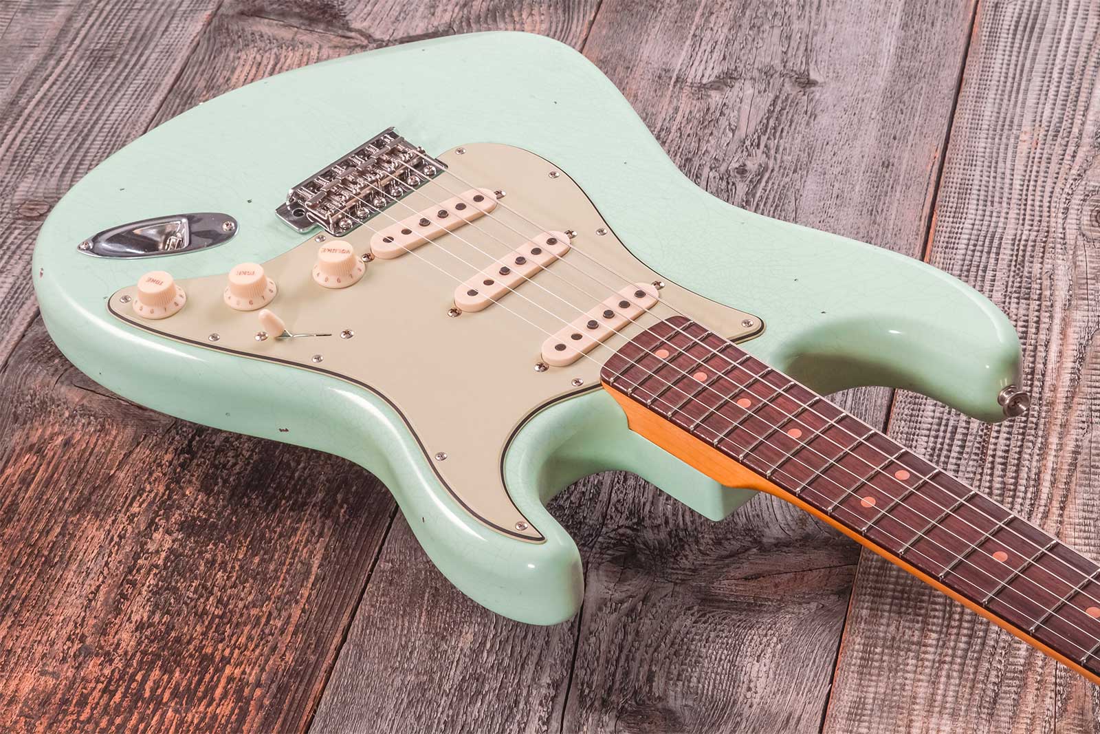Fender Custom Shop Strat 1964 3s Trem Rw #cz579326 - Journey Man Relic Aged Surf Green - Elektrische gitaar in Str-vorm - Variation 4