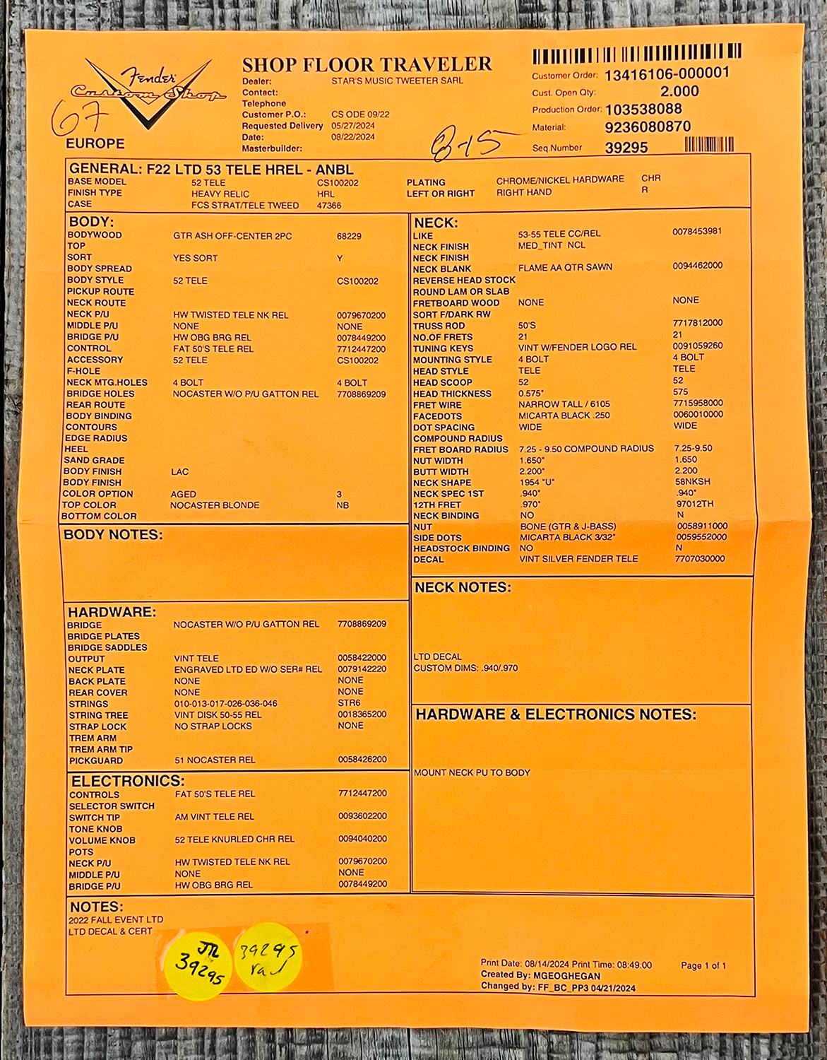 Fender Custom Shop Tele 1953 2s Ht Mn #r126760 - Heavy Relic Nocaster Blonde - Televorm elektrische gitaar - Variation 14