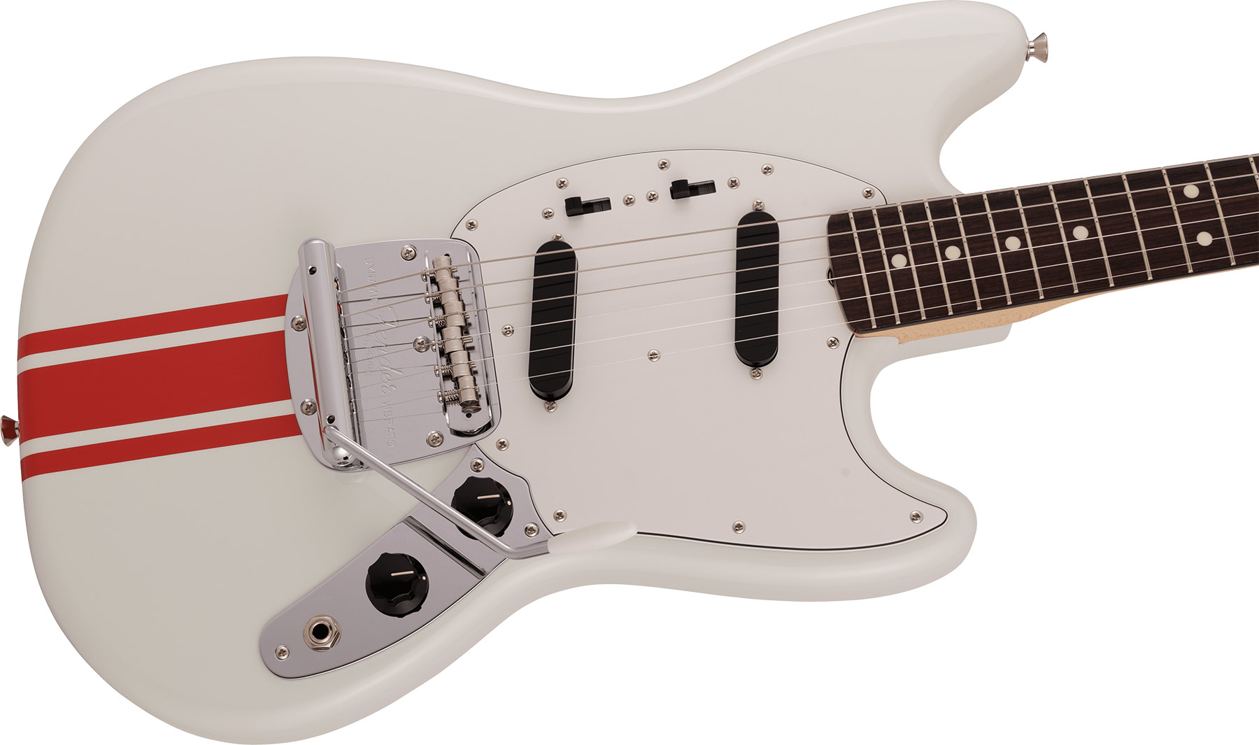 Fender Mustang Traditional 60s Mij Jap 2s Trem Rw - Olympic White W/ Red Competition Stripe - Retro-rock elektrische gitaar - Variation 2