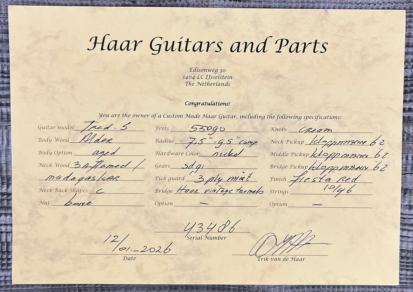 Haar Guitars Trad S 3s Klopppmann Trem Rw #43486 - Aged Fiesta Red - Elektrische gitaar in Strat vorm - Variation 11