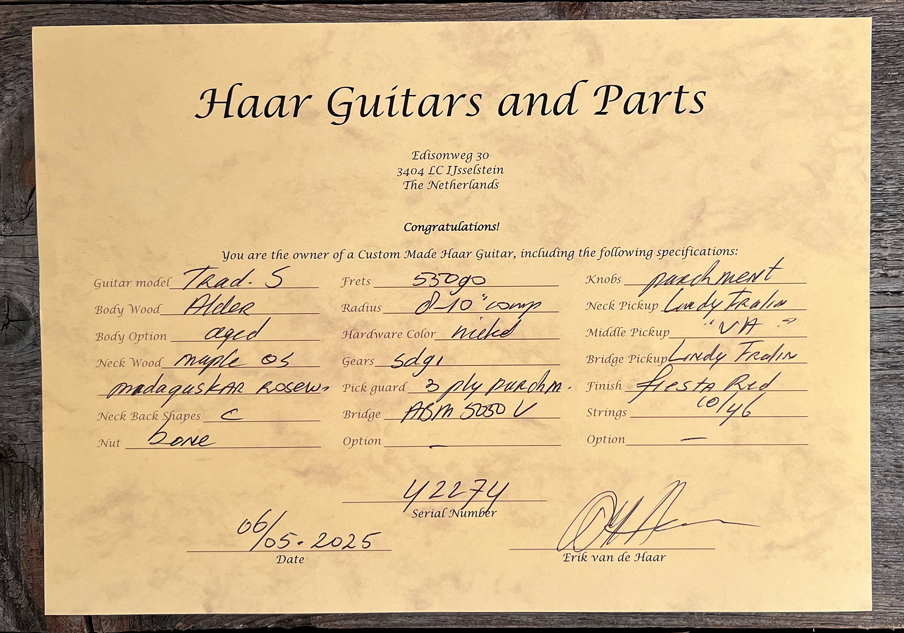 Haar Guitars Trad S 3s Lindy Fralin Trem Rw #42274 - Aged Fiesta Red - Elektrische gitaar in Str-vorm - Variation 10