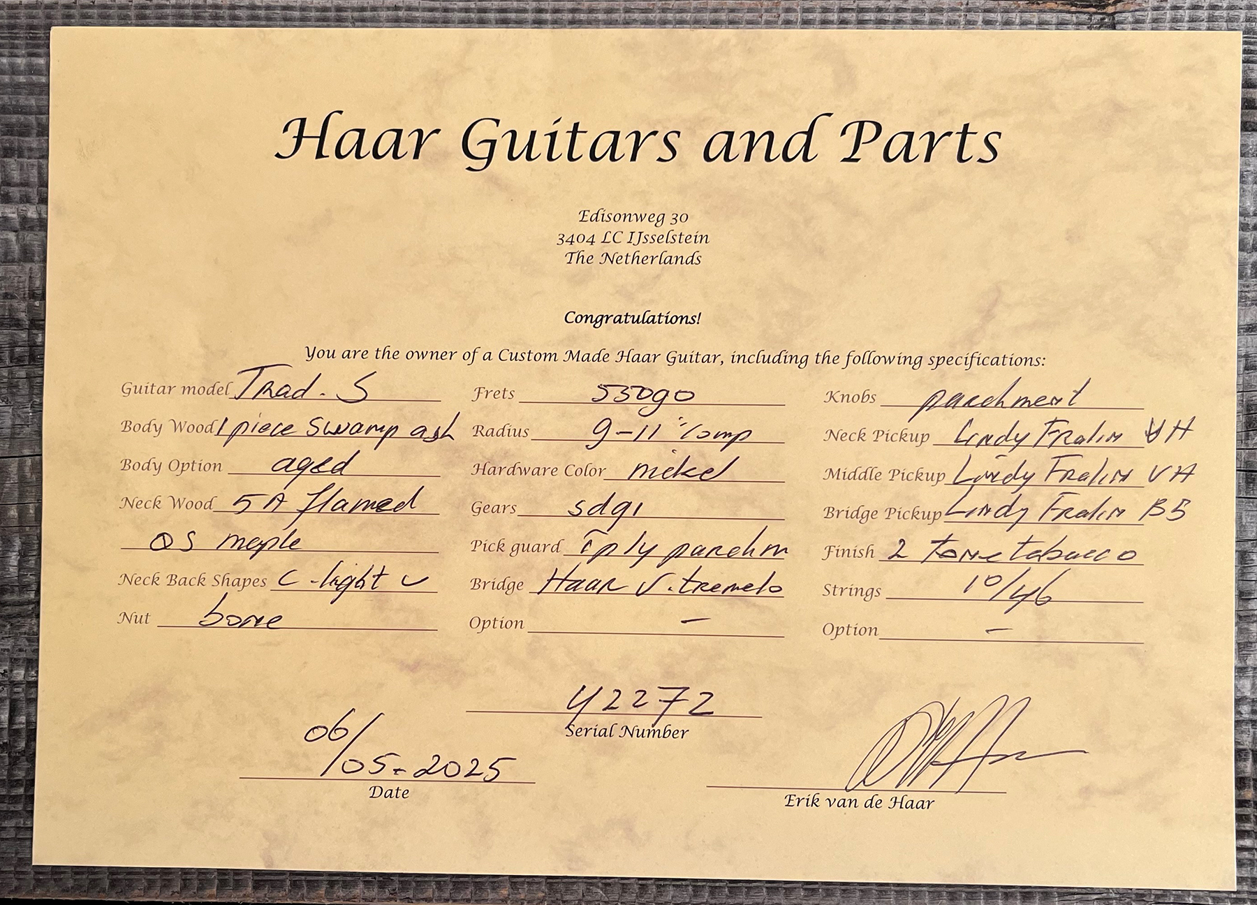 Haar Guitars Trad S Hss Lindy Fralin Trem Rw #42275 - Aged Olympic White - Elektrische gitaar in Str-vorm - Variation 9