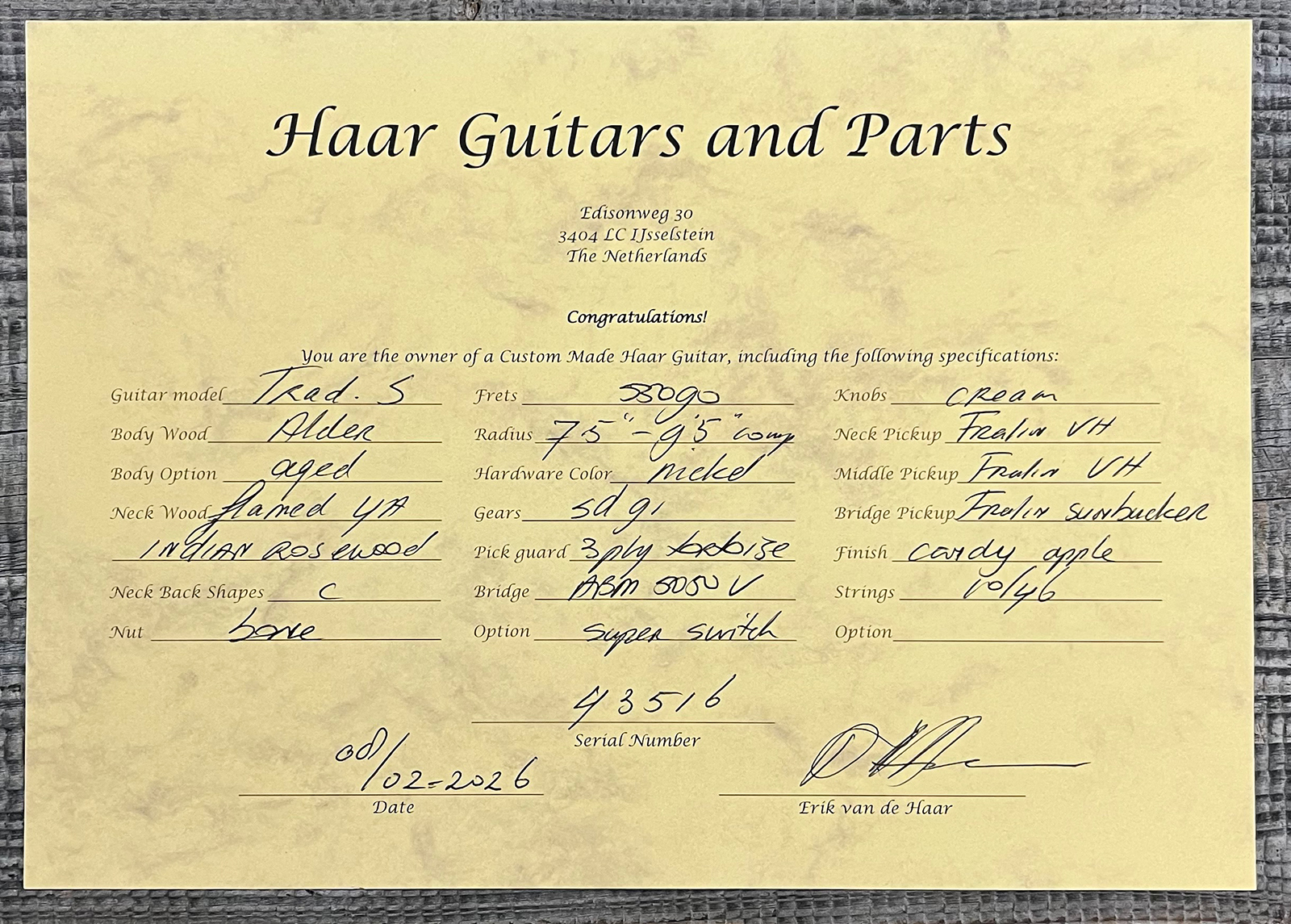 Haar Guitars Trad S Hss Lindy Fralin Trem Rw #43516 - Aged Candy Apple Red - Elektrische gitaar in Strat vorm - Variation 13